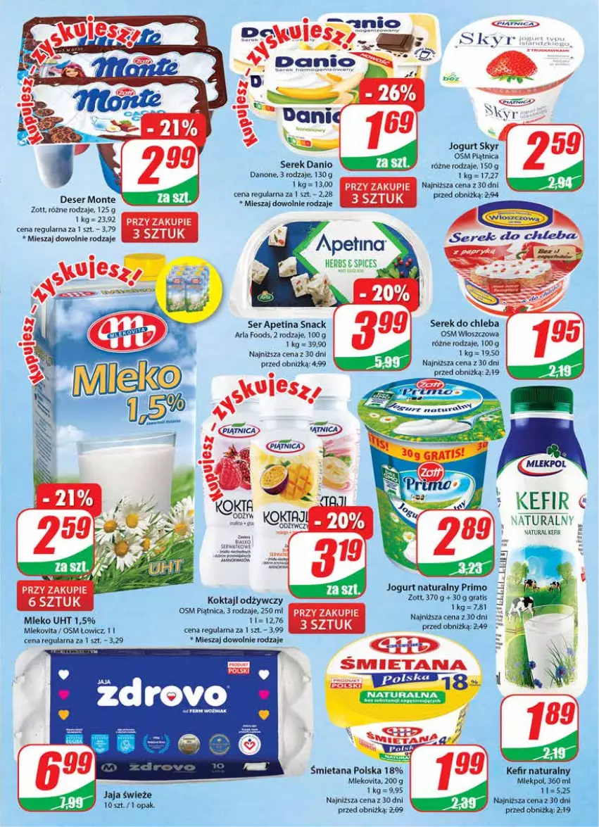 Gazetka promocyjna Dino - Gazetka 30 - ważna 26.07 do 01.08.2023 - strona 13 - produkty: Chleb, Danio, Danone, Deser, Gra, Jogurt, Jogurt naturalny, Kefir, Mleko, Monte, Piątnica, Ser, Serek, Zott