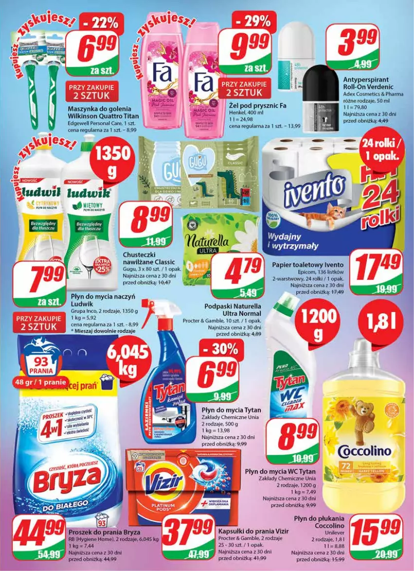 Gazetka promocyjna Dino - Gazetka 30 - ważna 26.07 do 01.08.2023 - strona 23 - produkty: Bryza, Coccolino, Do mycia naczyń, Kapsułki do prania, Ludwik, Naturell, Naturella, Papier, Płyn do mycia, Płyn do mycia naczyń, Płyn do płukania, Podpaski, Proszek do prania, Rolki, Tytan, Vizir