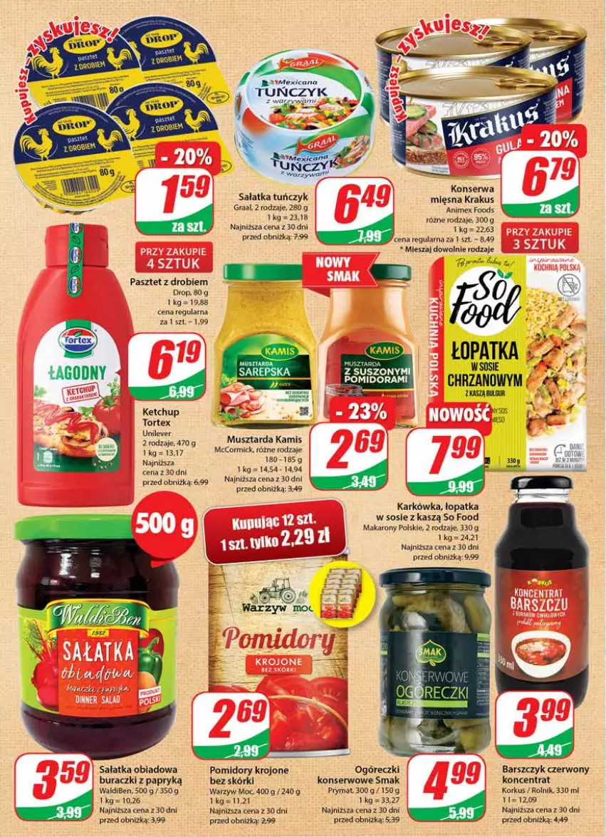 Gazetka promocyjna Dino - Gazetka 30 - ważna 26.07 do 01.08.2023 - strona 8 - produkty: Buraczki, Chrzan, Dada, Gra, Graal, Kamis, Ketchup, Krakus, Makaron, Mus, Musztarda, Pasztet, Pomidory, Pomidory krojone, Prymat, Rolnik, Sałat, Sałatka, Ser, So Food, Sos, Tuńczyk, Warzywa