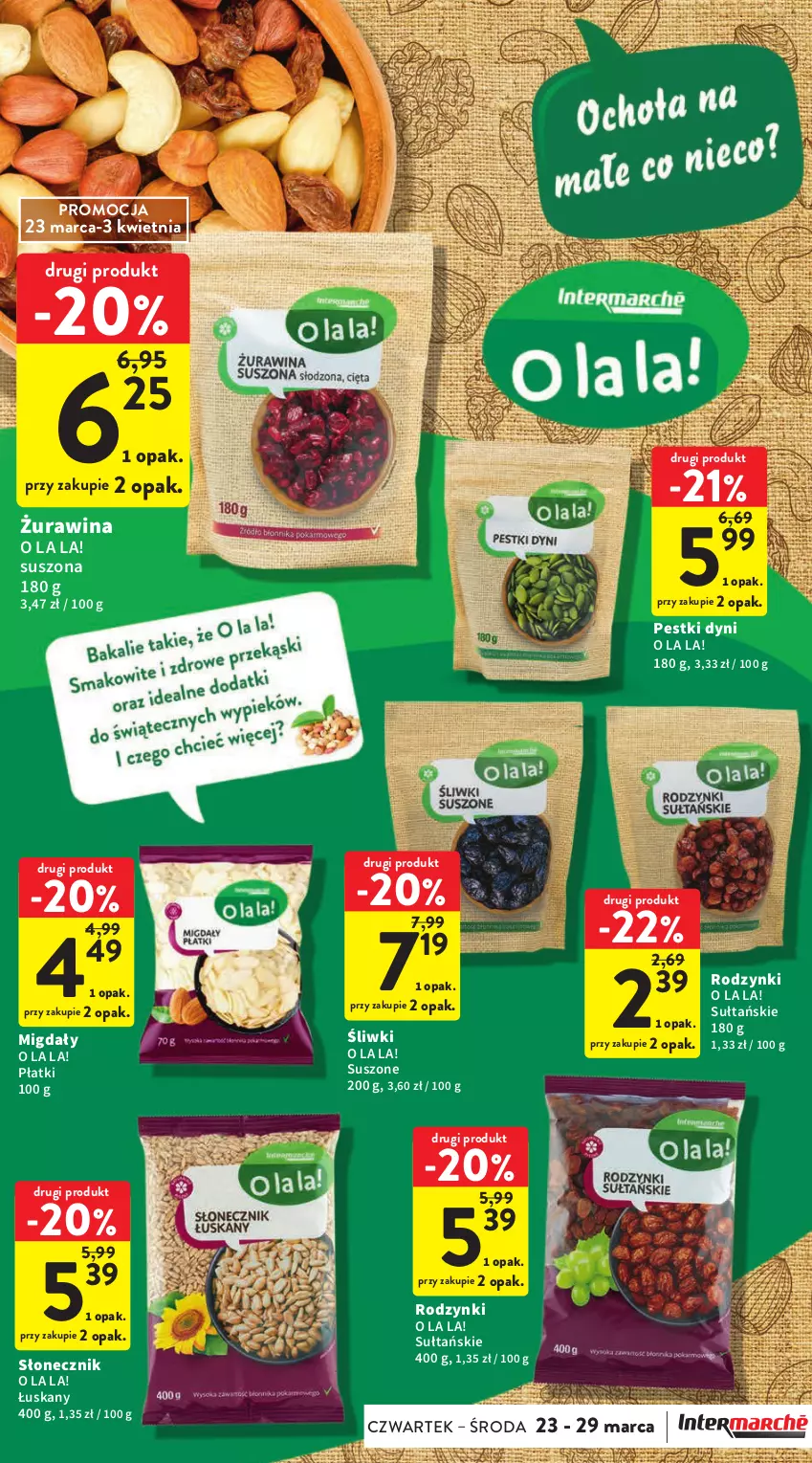 Gazetka promocyjna Intermarche - Gazetka Intermarche - ważna 23.03 do 29.03.2023 - strona 31 - produkty: Migdały, Pestki dyni, Rodzynki