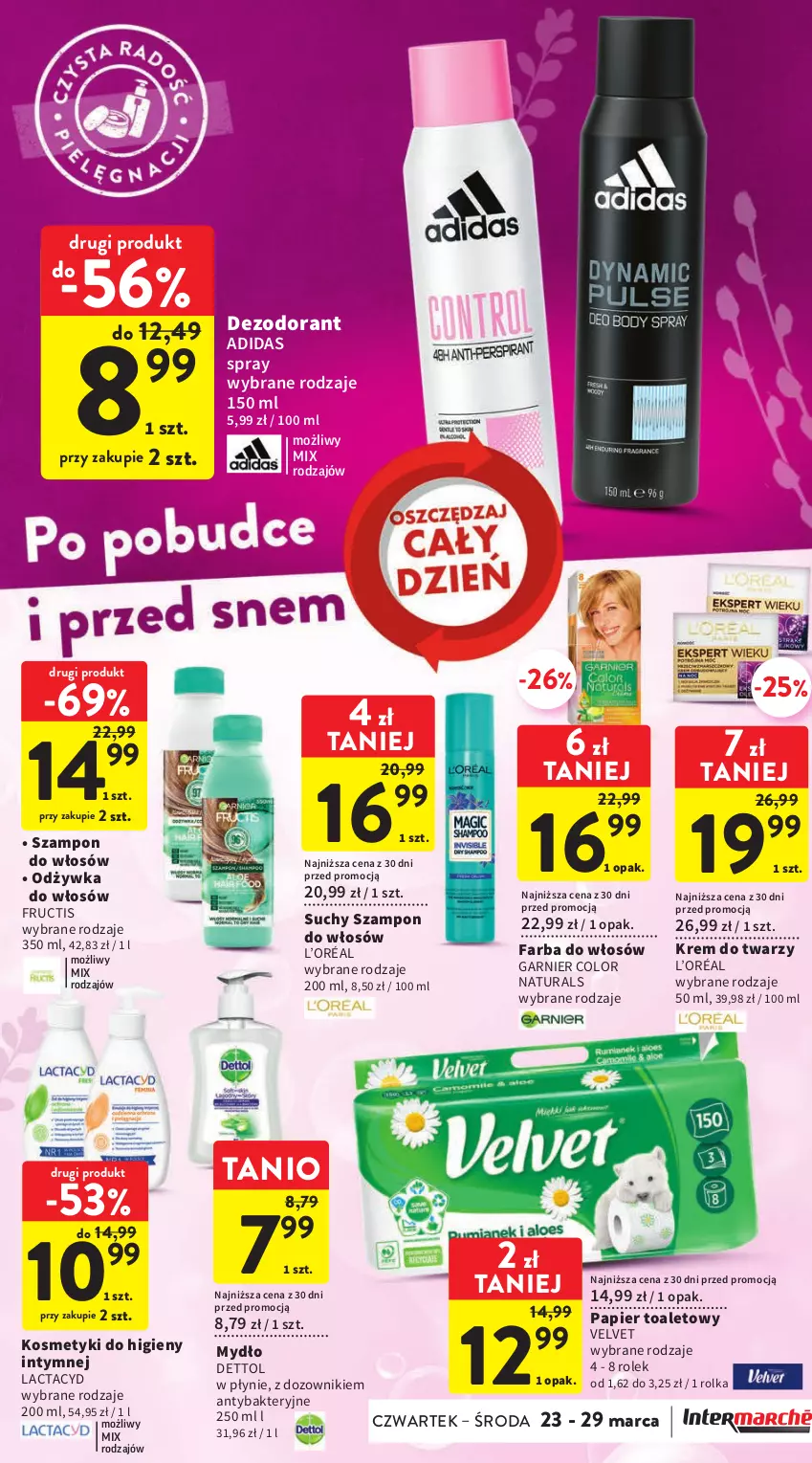 Gazetka promocyjna Intermarche - Gazetka Intermarche - ważna 23.03 do 29.03.2023 - strona 38 - produkty: Adidas, Dettol, Dezodorant, Dozownik, Fa, Farba do włosów, Fructis, Garnier, Krem do twarzy, L’Oréal, Lactacyd, Mydło, Odżywka, Papier, Papier toaletowy, Suchy szampon, Szampon, Velvet