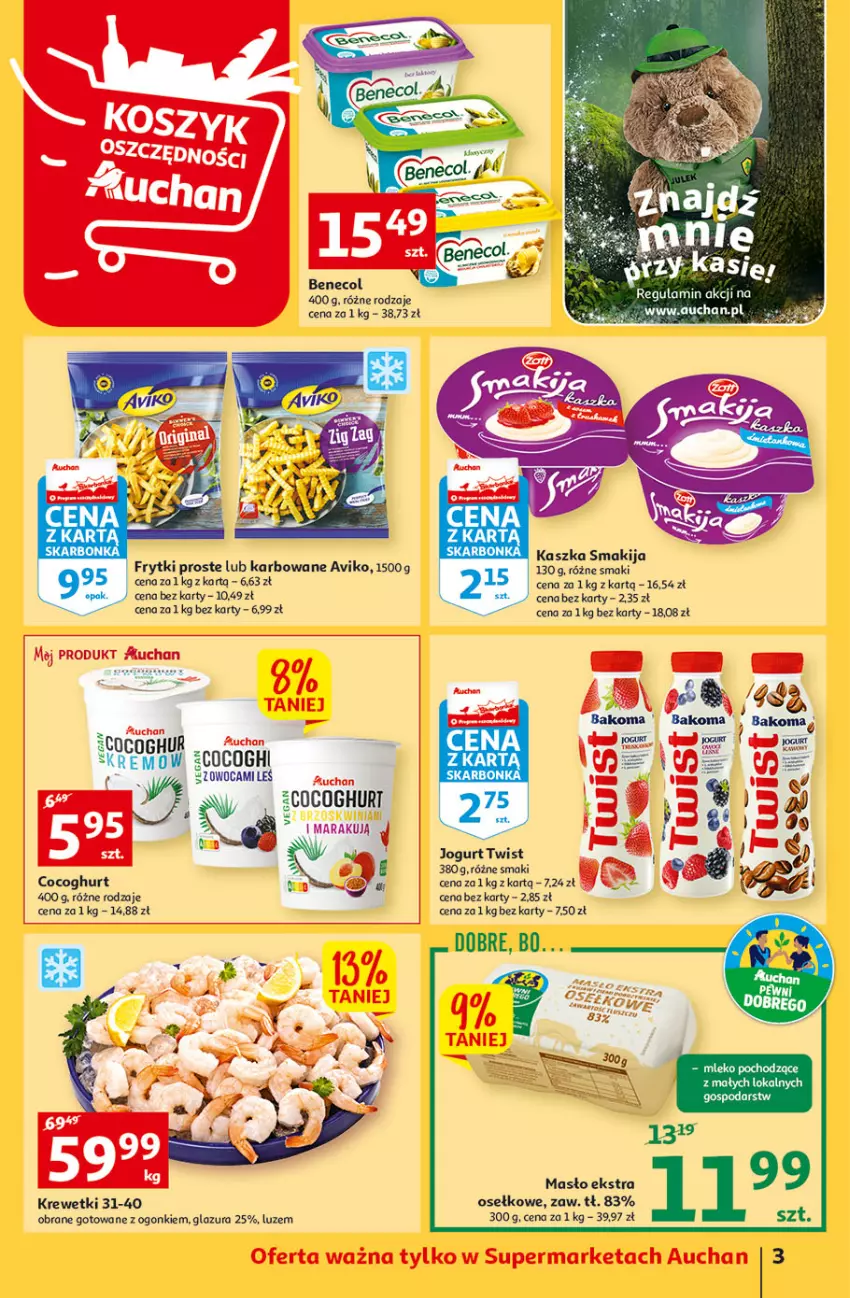 Gazetka promocyjna Auchan - Gazetka Koszyk Oszczędności Auchan Supermarkety - ważna 03.11 do 09.11.2022 - strona 3 - produkty: Bakoma, Benecol, Frytki, Glazura, Jogurt, Krewetki, Lazur, Masło, Smakija