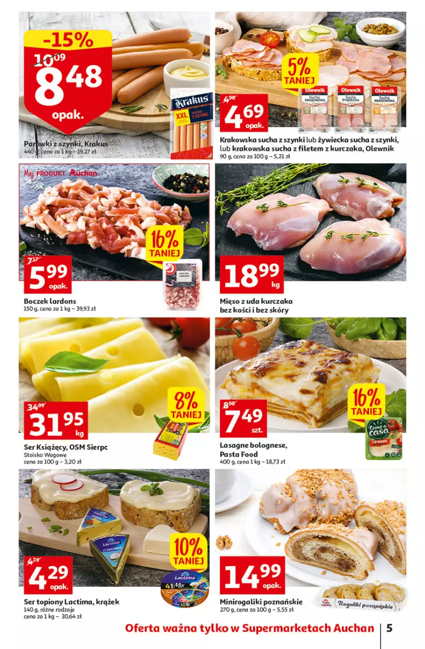 Gazetka promocyjna Auchan - Gazetka Koszyk Oszczędności Auchan Supermarkety - ważna 03.11 do 09.11.2022 - strona 5 - produkty: Boczek, Kurczak, Lasagne, Lasagne bolognese, Mięso, Mięso z uda kurczaka, Olewnik, Rogal, Ser, Ser topiony, Top