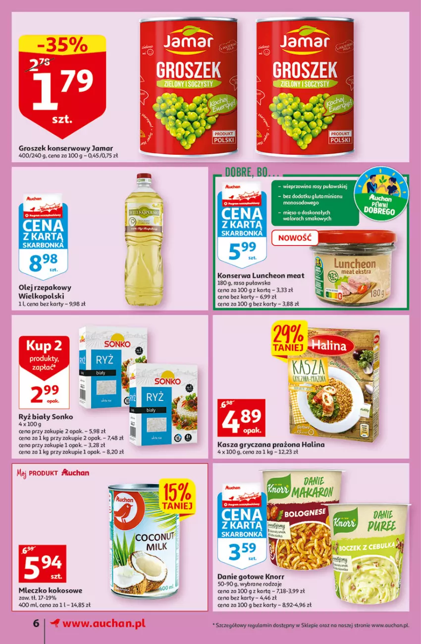 Gazetka promocyjna Auchan - Gazetka Koszyk Oszczędności Auchan Supermarkety - ważna 03.11 do 09.11.2022 - strona 6 - produkty: Danie gotowe, Groszek, Gry, Kasza, Kasza gryczana, Knorr, Kokos, Mleczko, Olej, Olej rzepakowy, Pur, Ryż, Ryż biały, Ser, Sonko, Wieprzowina