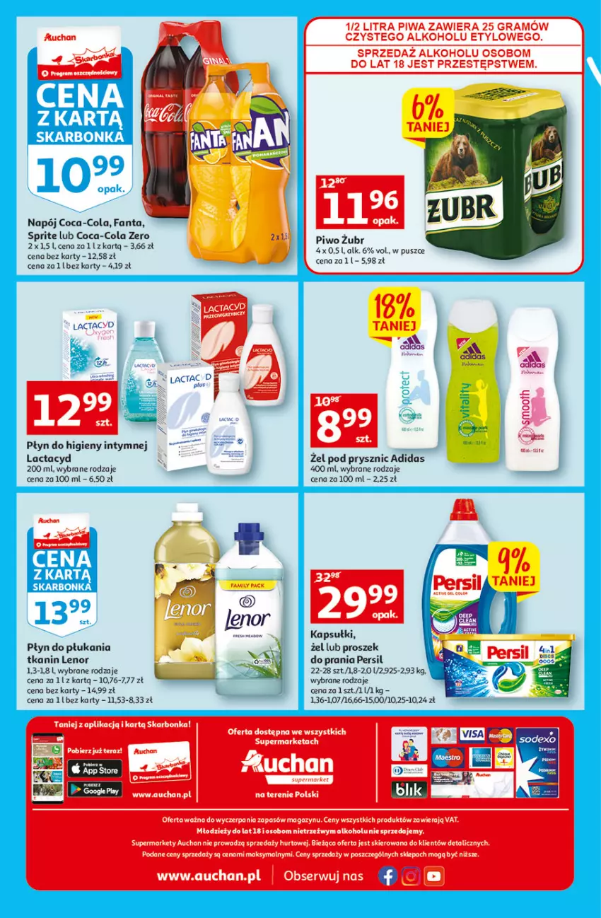 Gazetka promocyjna Auchan - Gazetka Koszyk Oszczędności Auchan Supermarkety - ważna 03.11 do 09.11.2022 - strona 8 - produkty: Adidas, Coca-Cola, Fa, Fanta, Koc, Lactacyd, Lenor, Napój, Persil, Piwo, Płyn do higieny intymnej