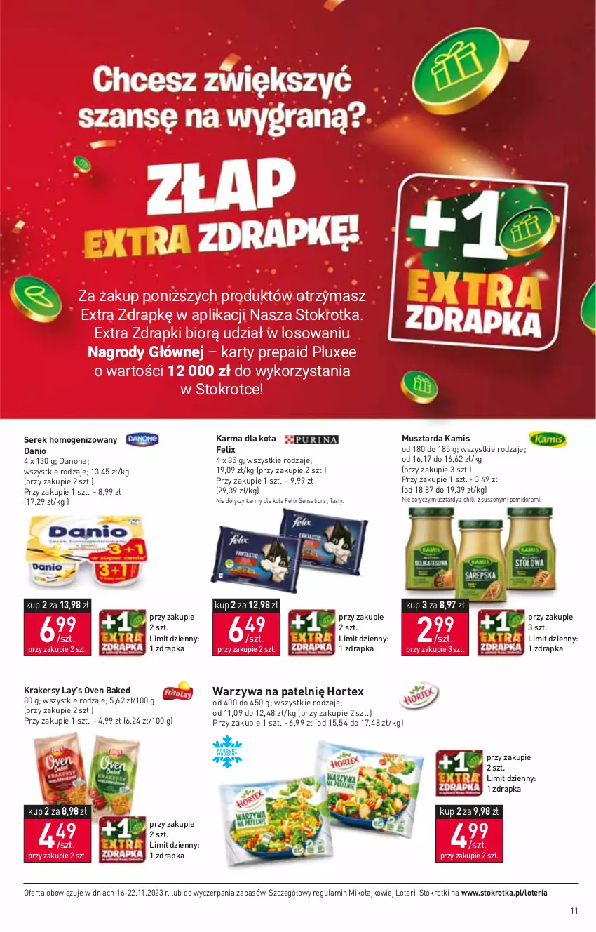 Gazetka promocyjna Stokrotka - Supermarket - ważna 16.11 do 22.11.2023 - strona 11 - produkty: Danio, Danone, Felix, Hortex, Kamis, Krakersy, Lay’s, Mus, Musztarda, Sati, Ser, Serek, Serek homogenizowany, Warzywa