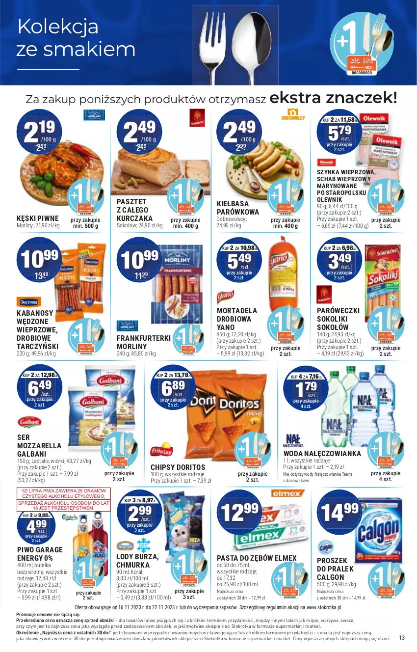 Gazetka promocyjna Stokrotka - Supermarket - ważna 16.11 do 22.11.2023 - strona 15 - produkty: Calgon, Chipsy, Dozownik, Frankfurterki, Galbani, Gra, Kabanos, Kurczak, LG, Lody, Mięso, Morliny, Mozzarella, Nałęczowianka, Olewnik, Owoce, Pasztet, Piwa, Piwo, Schab wieprzowy, Ser, Sok, Szynka, Szynka wieprzowa, Warzywa