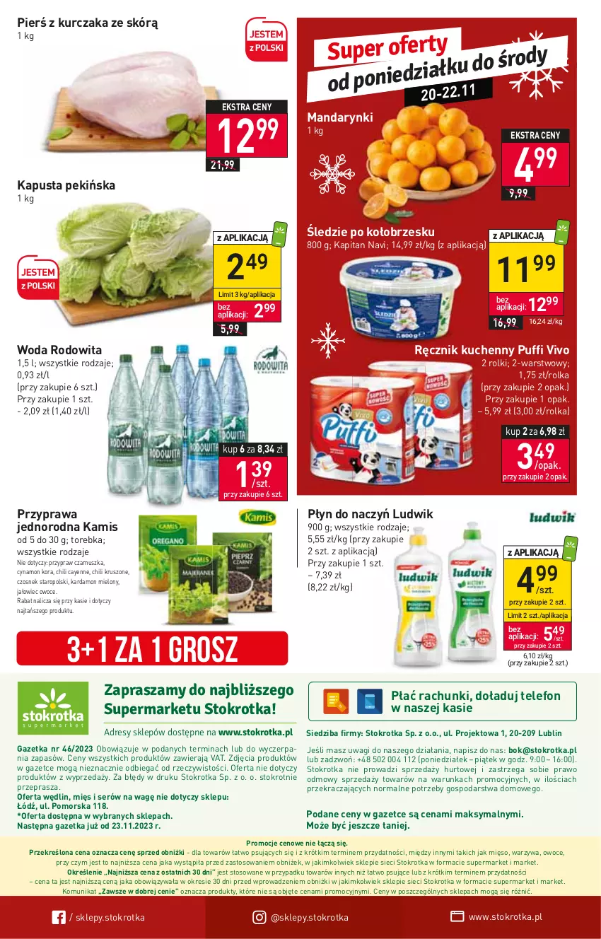 Gazetka promocyjna Stokrotka - Supermarket - ważna 16.11 do 22.11.2023 - strona 26 - produkty: Czosnek, Kamis, Kurczak, Ludwik, Mandarynki, Mięso, O nas, Owoce, Puf, Ręcznik, Ręcznik kuchenny, Rolki, Ser, Telefon, Torebka, Wagi, Warzywa, Woda