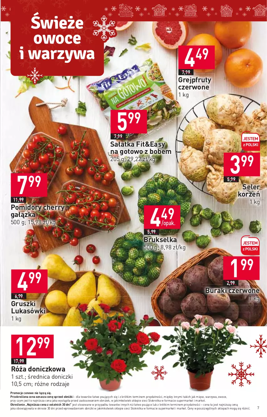 Gazetka promocyjna Stokrotka - Supermarket - ważna 16.11 do 22.11.2023 - strona 7 - produkty: Brukselka, Buraki, Grejpfrut, Gruszki, Mięso, Owoce, Pomidory, Róża, Sałat, Sałatka, Seler korzeń, Warzywa