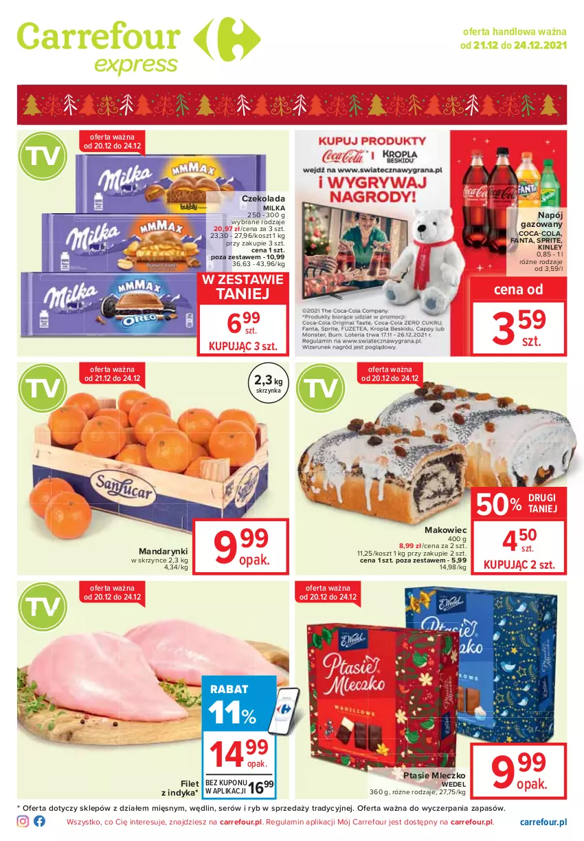 Gazetka promocyjna Carrefour - Gazetka Globi - ważna 14.12 do 20.12.2021 - strona 1 - produkty: Coca-Cola, Czekolada, Fa, Fanta, Kosz, Makowiec, Mandarynki, Milka, Mleczko, Napój, Napój gazowany, Ptasie mleczko, Ser, Sprite