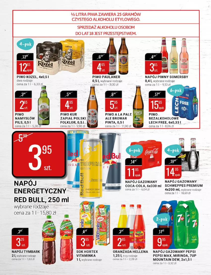 Gazetka promocyjna Bi1 - Ostatkowe promocje - ważna 23.02 do 01.03.2022 - strona 10 - produkty: 7up, Coca-Cola, Hellena, Hortex, Inka, Kozel, Mirinda, Namysłów, Napój, Napój energetyczny, Napój gazowany, Oranżada, Pepsi, Pepsi max, Piwo, Red Bull, Schweppes, Sok, Somersby, Tymbark