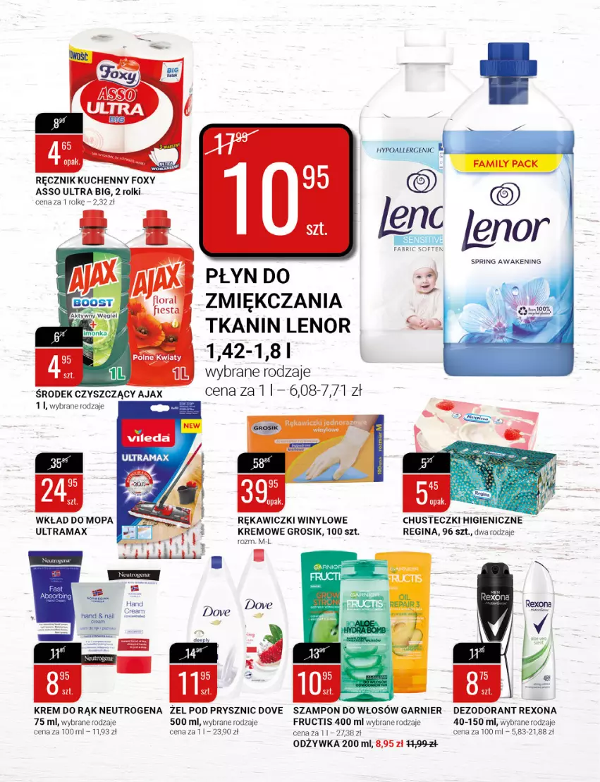 Gazetka promocyjna Bi1 - Ostatkowe promocje - ważna 23.02 do 01.03.2022 - strona 11 - produkty: Ajax, Chusteczki, Dezodorant, Dove, Foxy, Fructis, Garnier, Gin, Krem do rąk, Lenor, Mop, Neutrogena, Odżywka, Rama, Ręcznik, Ręcznik kuchenny, Rexona, Rolki, Szampon, Wkład do mopa