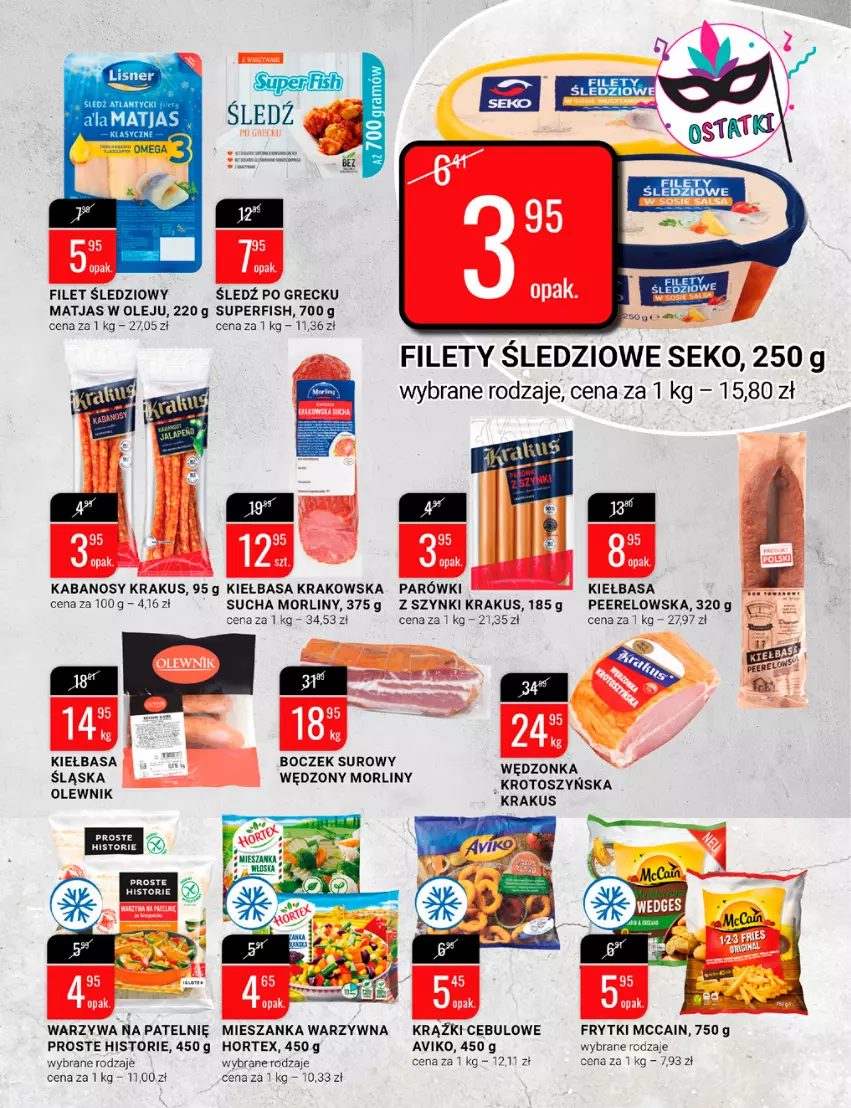 Gazetka promocyjna Bi1 - Ostatkowe promocje - ważna 23.02 do 01.03.2022 - strona 7 - produkty: Boczek, Frytki, Hortex, Kabanos, Kiełbasa, Kiełbasa krakowska, Krakus, Matjas, McCain, Mieszanka warzyw, Morliny, Olej, Olewnik, Parówki, SEKO, Warzywa