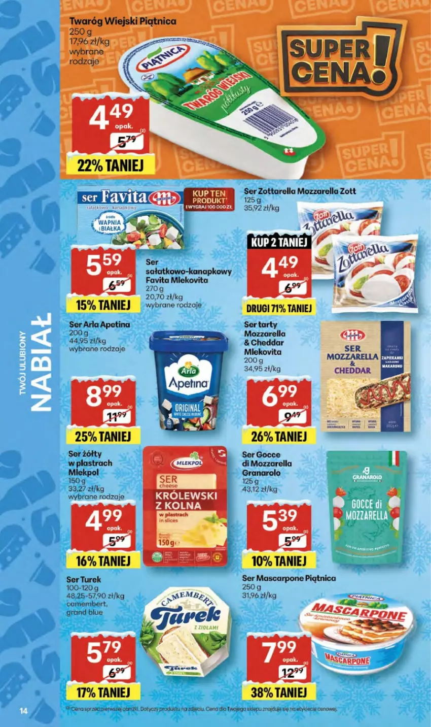 Gazetka promocyjna Delikatesy Centrum - Franczyza DC51 Czwartek - ważna 18.12 do 23.12.2025 - strona 14 - produkty: Camembert, Cheddar, Fa, Favita, Gra, Królewski, Mascarpone, Mleko, Mlekovita, Mozzarella, Piątnica, Sałat, Ser, Zott, Zottarella