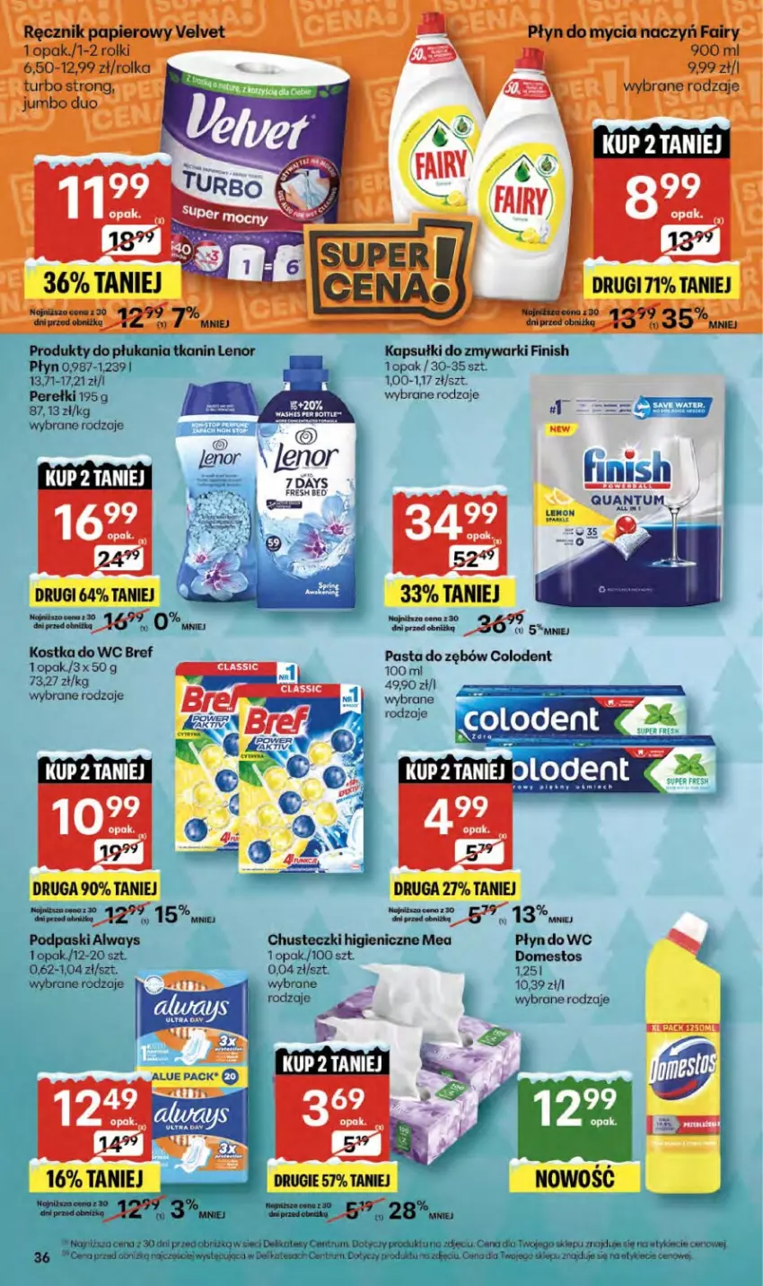 Gazetka promocyjna Delikatesy Centrum - Franczyza DC51 Czwartek - ważna 18.12 do 23.12.2025 - strona 36 - produkty: Bref, Chusteczki, Domestos, Finish, Kostka do wc, Lenor, Pasta do zębów, Rum, Zmywarki