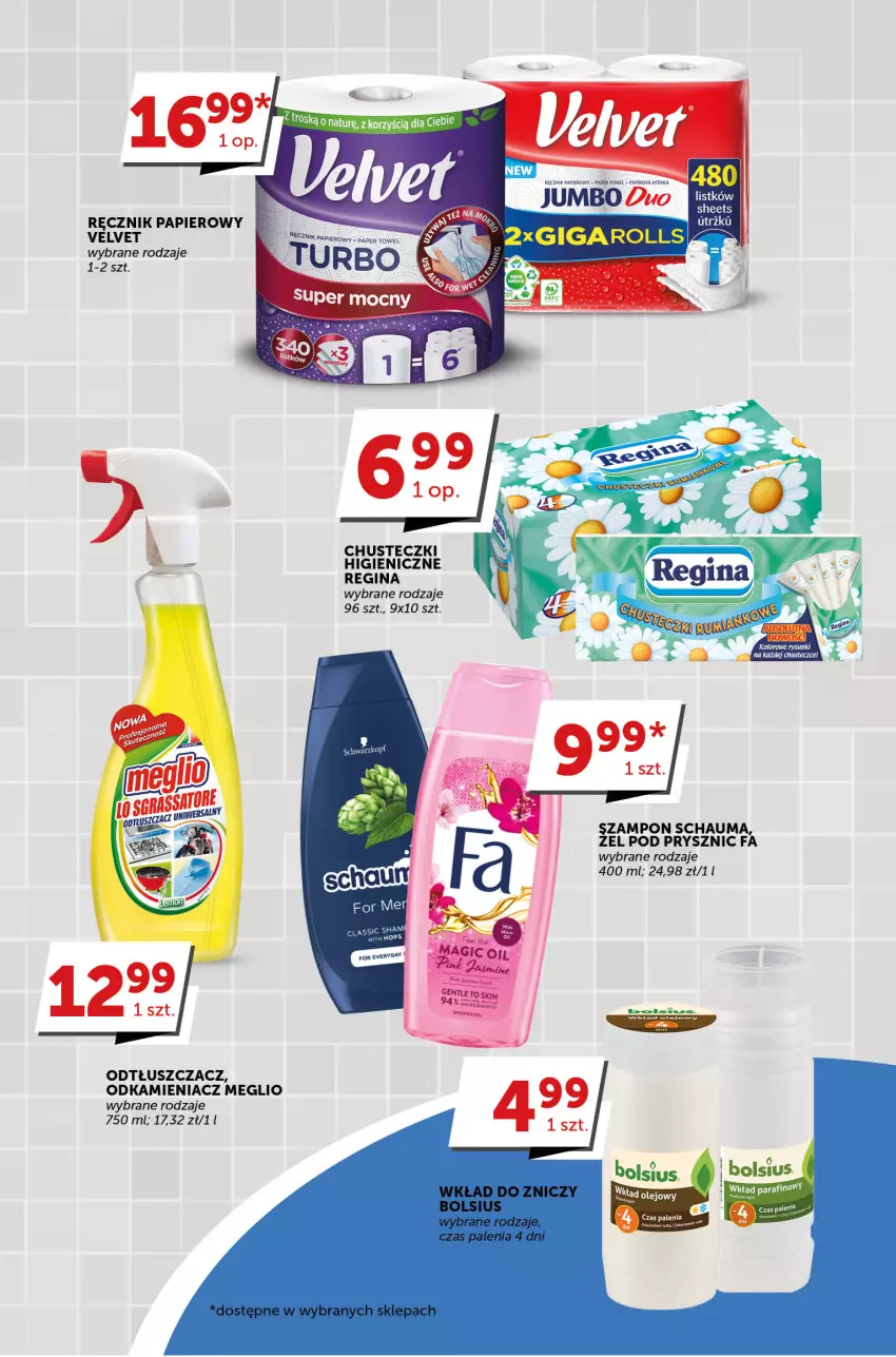 Gazetka promocyjna Groszek - ważna 01.06 do 13.06.2023 - strona 30 - produkty: Bols, Bolsius, Chusteczki, Fa, Gin, Odkamieniacz, Odtłuszczacz, Papier, Ręcznik, Schauma, Szampon, Velvet