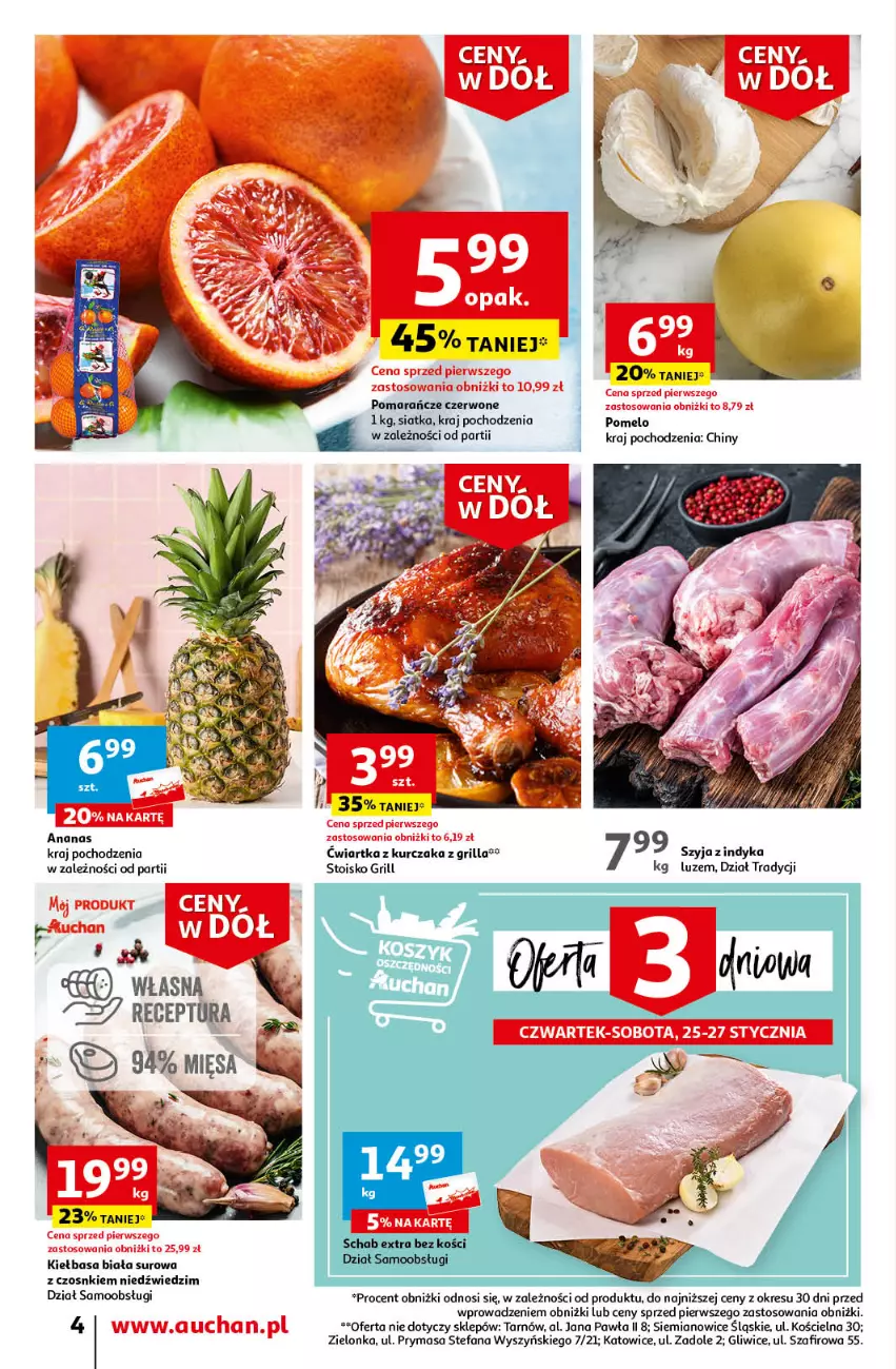 Gazetka promocyjna Auchan - Gazetka Ceny w dół Część 4 Supermarket Auchan - ważna 25.01 do 31.01.2024 - strona 4 - produkty: Ananas, Fa, Grill, Kiełbasa, Kiełbasa biała, Kurczak, Pomarańcze, Pomelo, Siatka