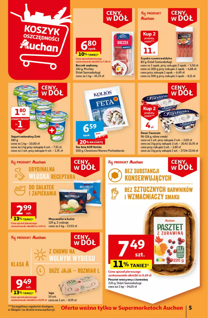 Gazetka promocyjna Auchan - Gazetka Ceny w dół Część 4 Supermarket Auchan - ważna 25.01 do 31.01.2024 - strona 5 - produkty: Boczek, Deser, Fa, Fanta, Feta, Jaja, Jogurt, Jogurt naturalny, Morliny, Mozzarella, Pasztet, Ser, Szynka, Zott