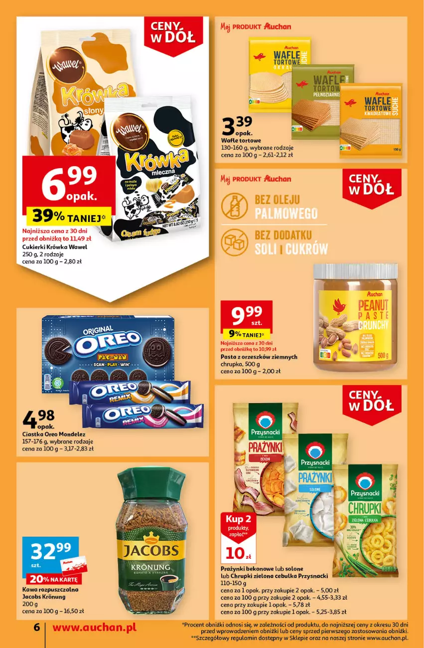 Gazetka promocyjna Auchan - Gazetka Ceny w dół Część 4 Supermarket Auchan - ważna 25.01 do 31.01.2024 - strona 6 - produkty: Beko, Chrupki, Ciastka, Cukier, Cukierki, Jacobs, Kawa, Kawa rozpuszczalna, Oreo, Przysnacki, Wafle, Wafle tortowe, Wawel