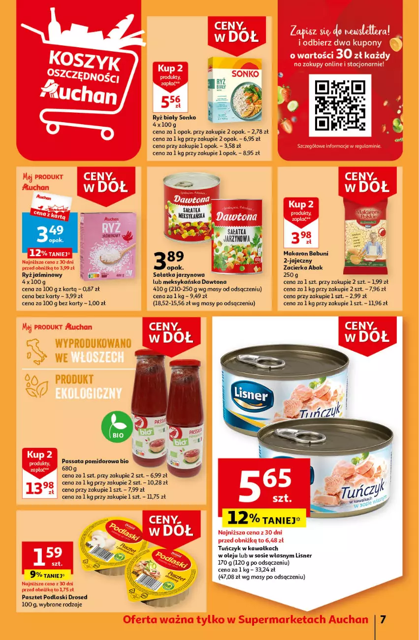 Gazetka promocyjna Auchan - Gazetka Ceny w dół Część 4 Supermarket Auchan - ważna 25.01 do 31.01.2024 - strona 7 - produkty: Babuni, Dawtona, Kawa, Lisner, Makaron, Makaron babuni, Olej, Pasztet, Podlaski, Ryż, Ryż biały, Sałat, Sałatka, Sonko, Sos, Tuńczyk, Zacierka