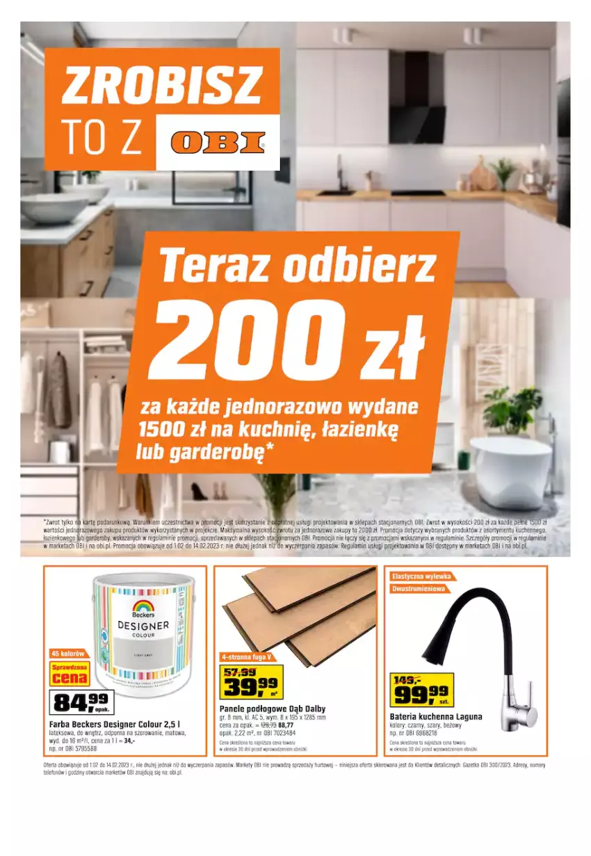 Gazetka promocyjna Obi - Gazetka OBI - ważna 01.02 do 14.02.2023 - strona 1 - produkty: Bateria, Bateria kuchenna, Beckers, Designer Colour, Dres, Fa, Gra, Por, Sok, Telefon