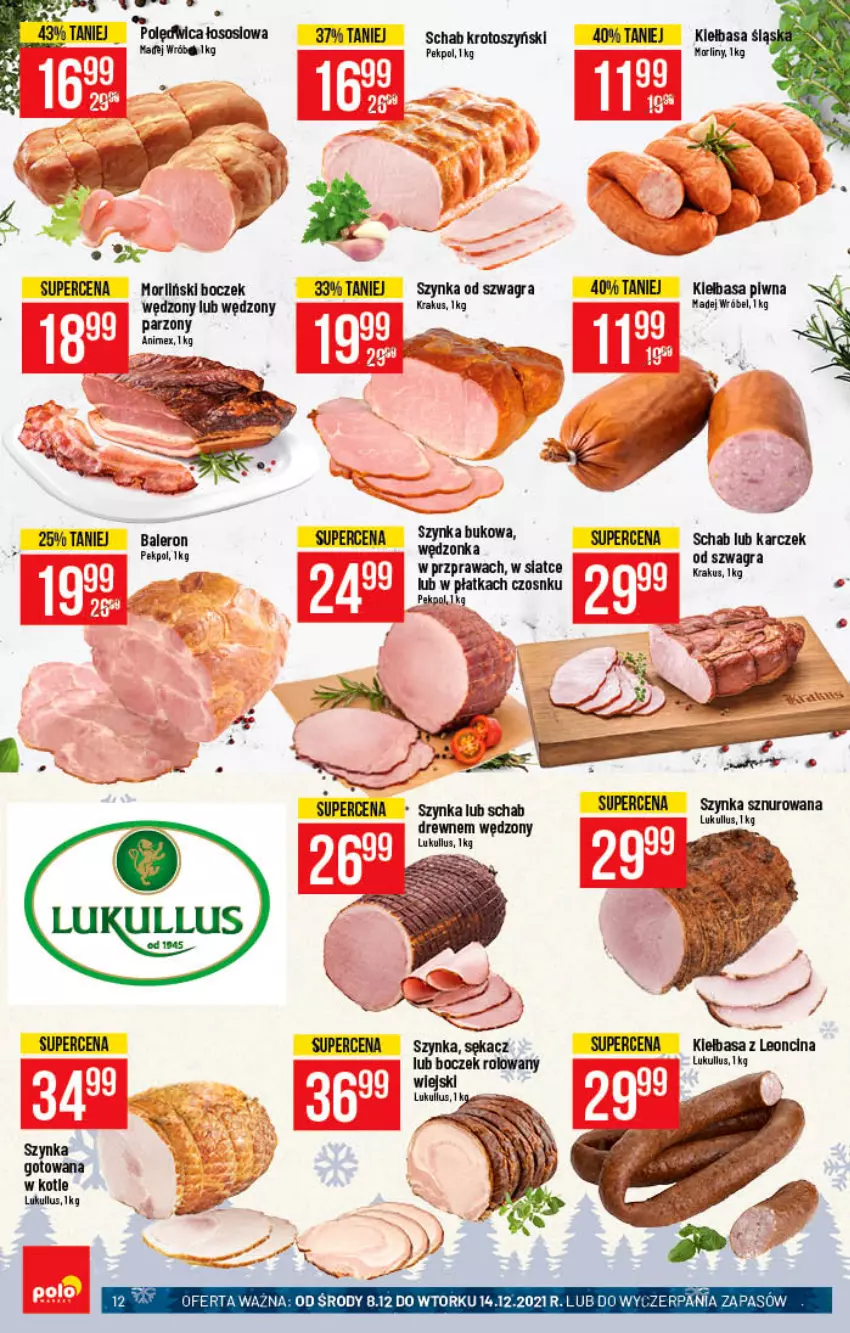 Gazetka promocyjna PoloMarket - Gazetka pomocyjna - ważna 08.12 do 14.12.2021 - strona 12 - produkty: Boczek, Gra, Kiełbasa, Kiełbasa piwna, Krakus, Leon, Pekpol, Polędwica, Schab krotoszyński, Sękacz, Sos, Szynka