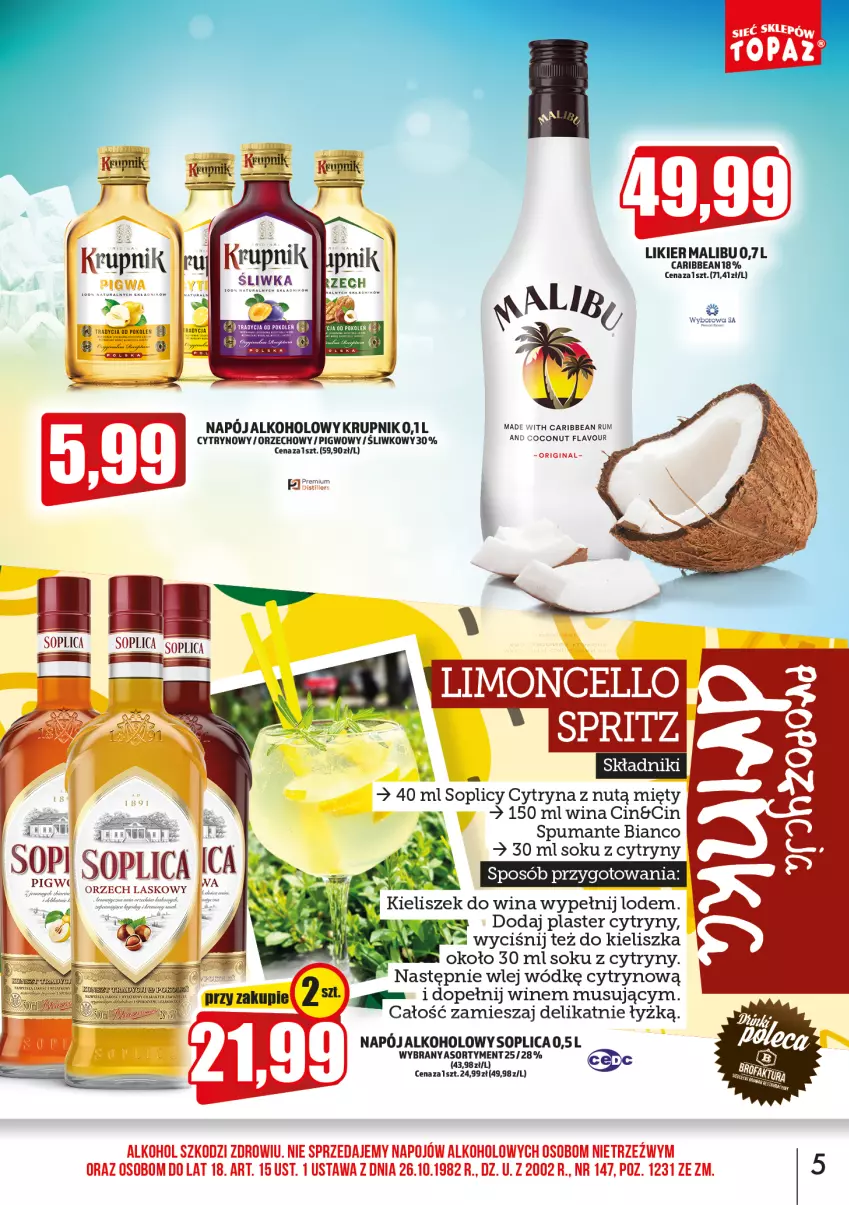 Gazetka promocyjna Topaz - Gazetka - ważna 01.07 do 31.07.2022 - strona 5 - produkty: Cytryny, Gin, HP, Kieliszek, Krupnik, Likier, Malibu, Mus, Napój, Puma, Rum, Sok, Soplica, Top