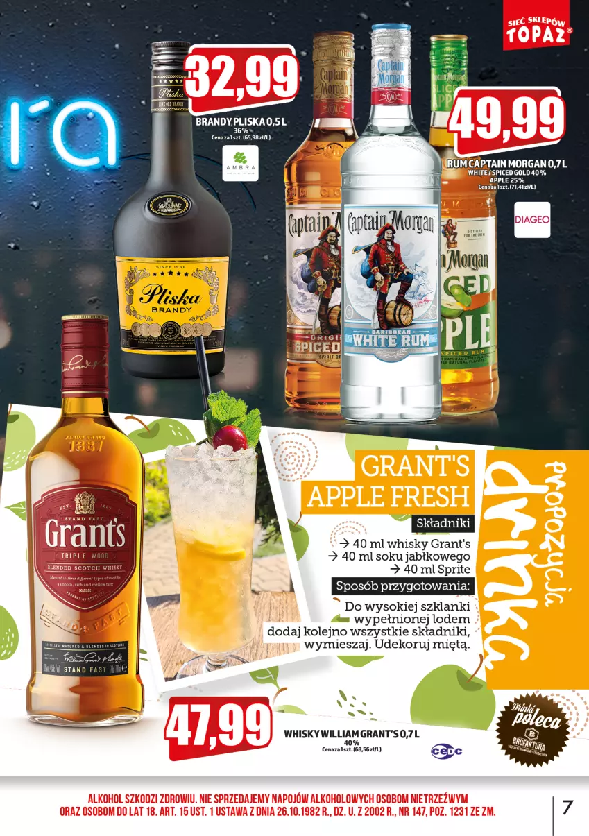 Gazetka promocyjna Topaz - Gazetka - ważna 01.07 do 31.07.2022 - strona 7 - produkty: Brandy, Gra, Grant's, Lanki, Olej, Pliska, Rum, Sok, Sprite, Whisky