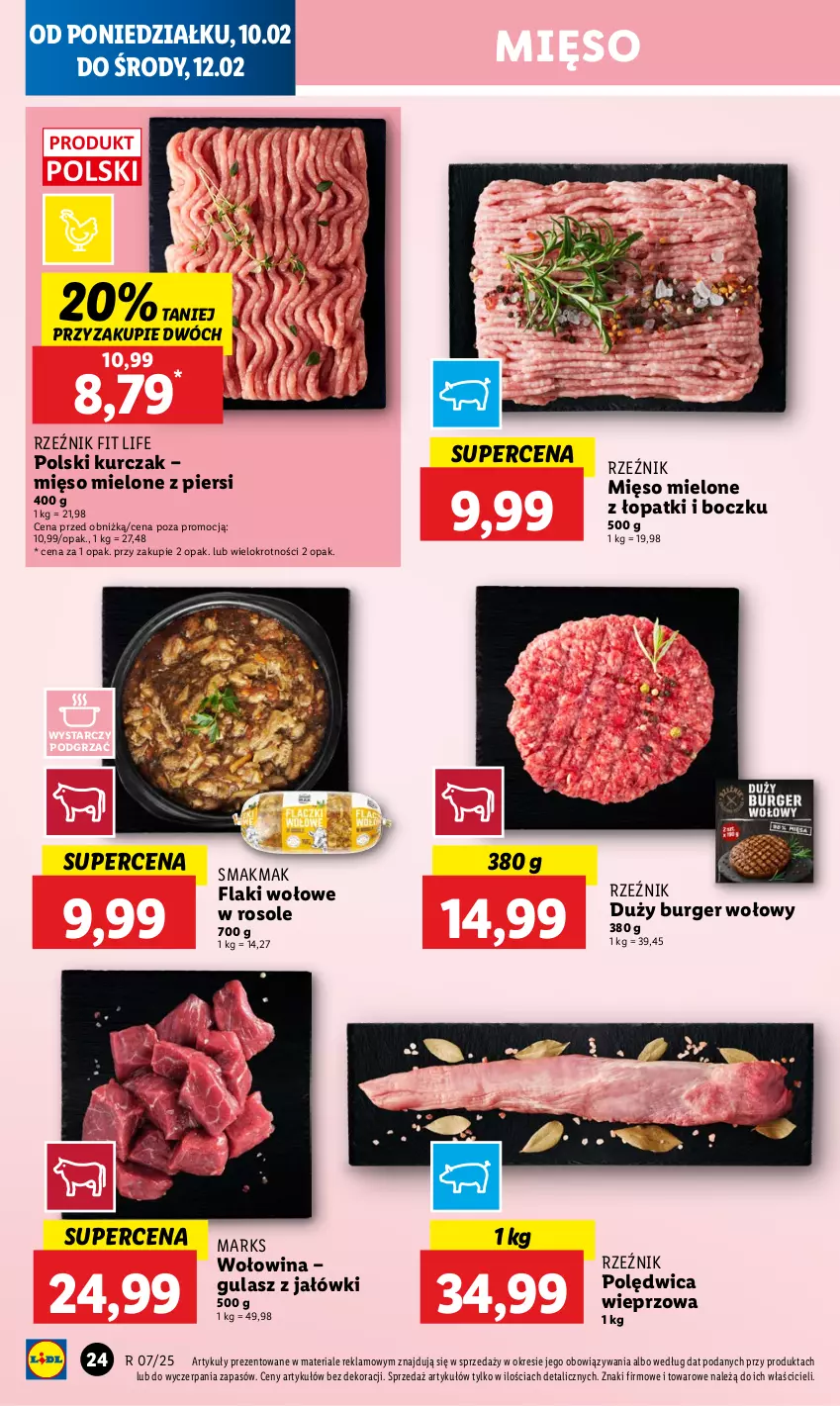 Gazetka promocyjna Lidl - GAZETKA - ważna 10.02 do 12.02.2025 - strona 26 - produkty: Burger, Flaki, Flaki wołowe, Kurczak, Mięso, Mięso mielone, Polędwica, Wołowina