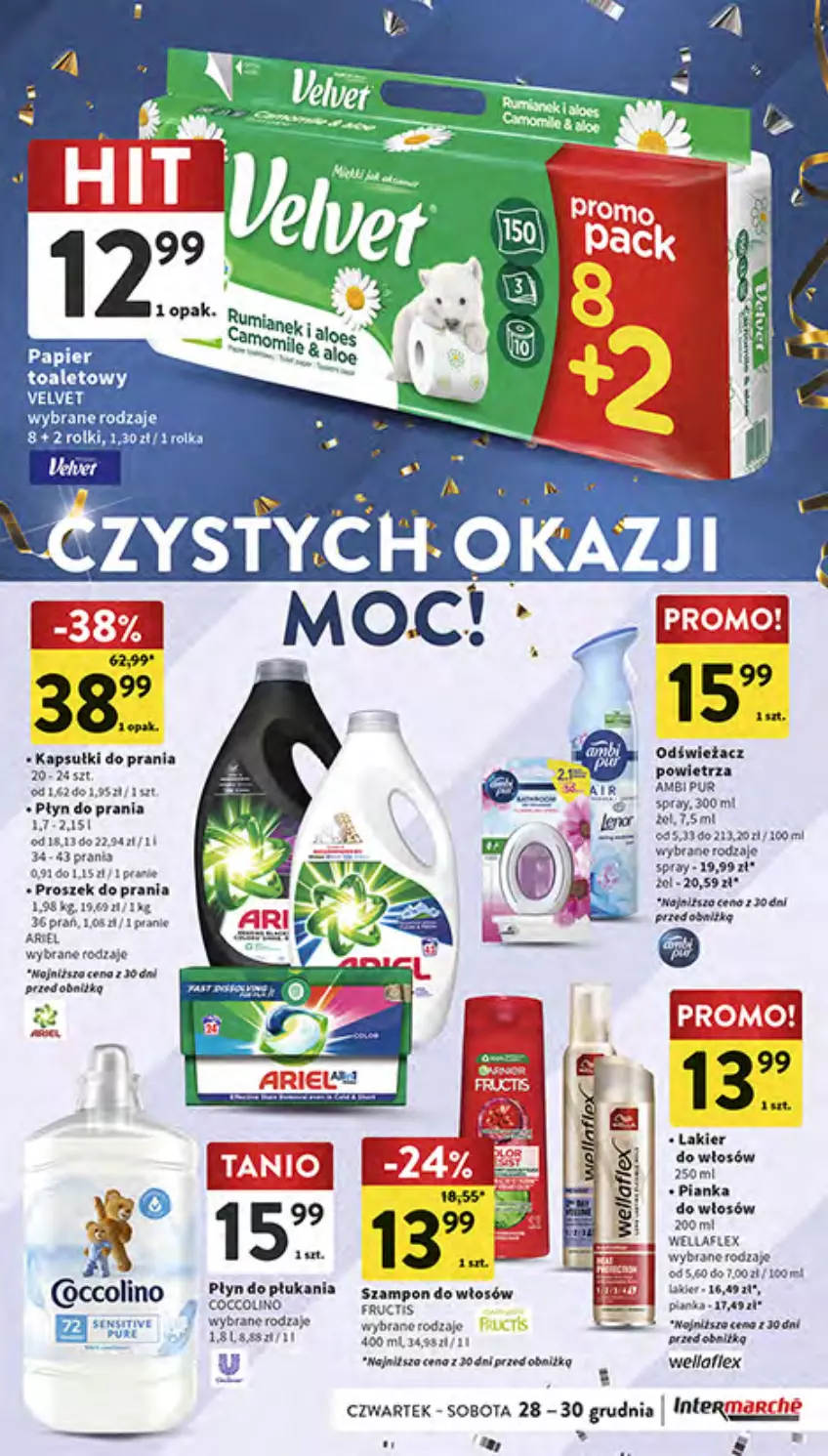 Gazetka promocyjna Intermarche - Gazetka Intermarche - ważna 28.12 do 30.12.2023 - strona 27 - produkty: Ambi Pur, Lakier, Lakier do włosów, Odświeżacz powietrza, Proszek do prania, Pur, Rolki, Ser, Velvet, Wella, Wellaflex