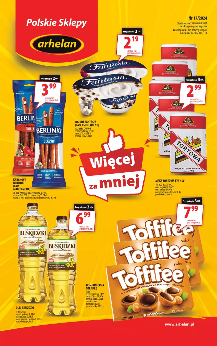 Gazetka promocyjna Arhelan - Gazetka - ważna 23.08 do 01.09.2024 - strona 1 - produkty: Beskidzki, Danone, Fa, Fanta, Jogurt, Mąka, Mąka tortowa, Olej, Toffifee