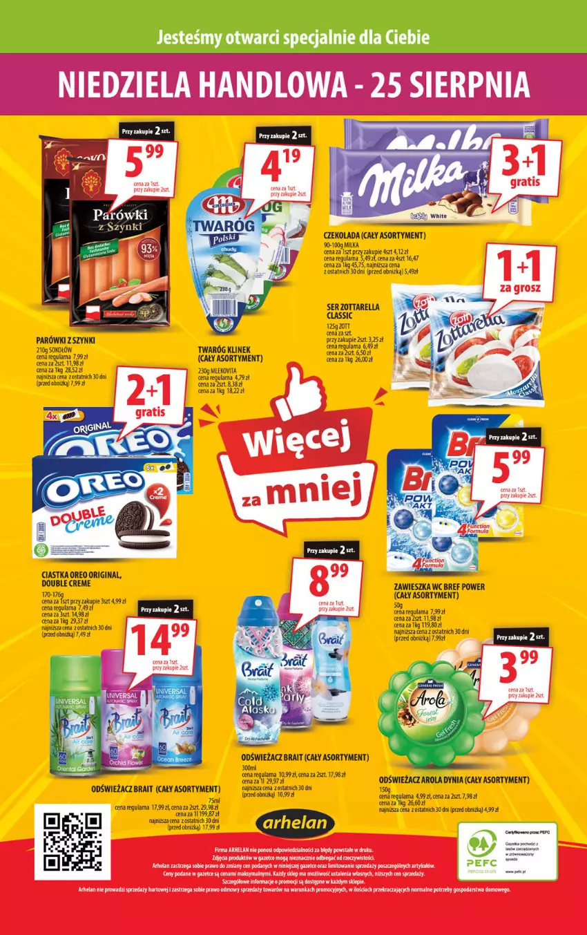 Gazetka promocyjna Arhelan - Gazetka - ważna 23.08 do 01.09.2024 - strona 20 - produkty: Bref, Ciastka, Czekolada, Gin, Milka, Mleko, Oreo, Parówki, Parówki z szynki, Ser, Sok, Sokołów, Twaróg, Zott