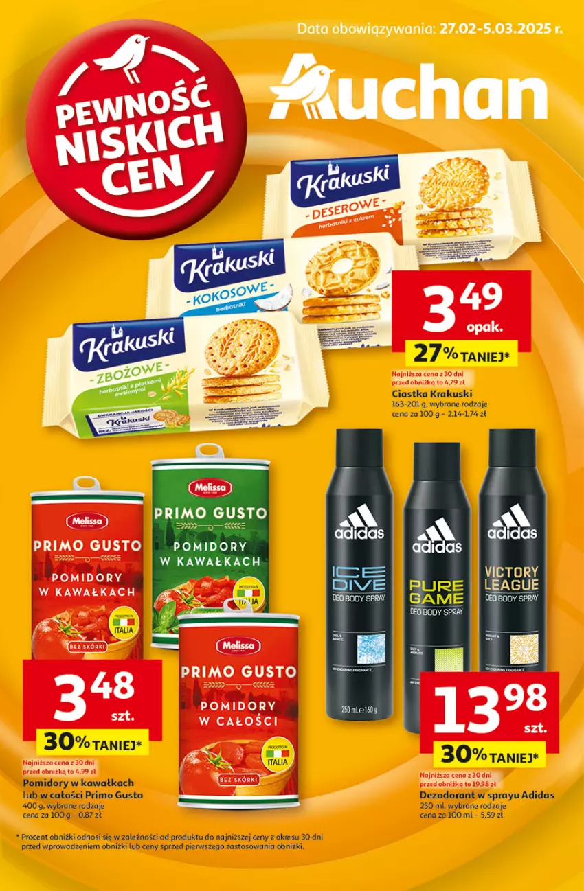 Gazetka promocyjna Auchan - Gazetka Pewność Niskich Cen Hipermarket - ważna 27.02 do 05.03.2025 - strona 1 - produkty: Adidas, Ciastka, Fa, Kawa, Krakus, Krakuski