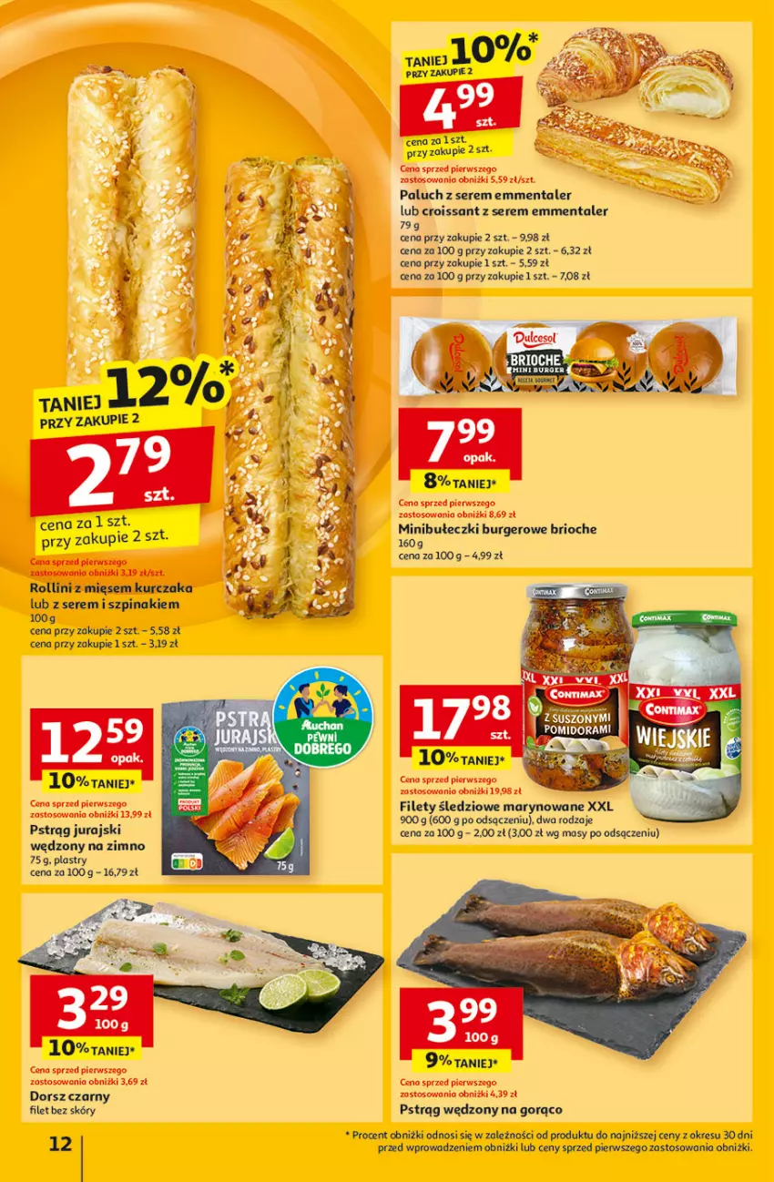 Gazetka promocyjna Auchan - Gazetka Pewność Niskich Cen Hipermarket - ważna 27.02 do 05.03.2025 - strona 14 - produkty: Bułeczki, Burger, Croissant, Dorsz, Emmental, Gra, Pstrąg, Pstrąg wędzony, Ser, Szpinak