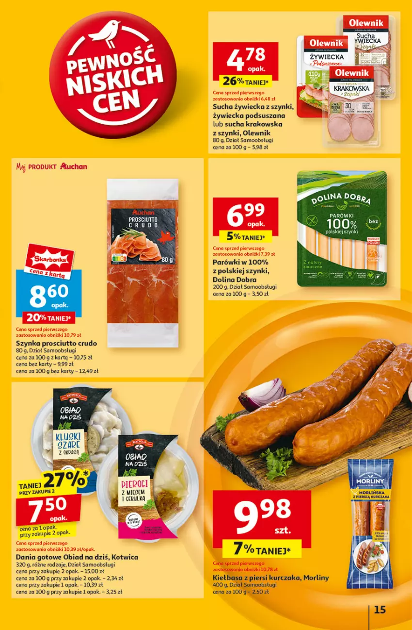 Gazetka promocyjna Auchan - Gazetka Pewność Niskich Cen Hipermarket - ważna 27.02 do 05.03.2025 - strona 17 - produkty: Dania gotowe, Kiełbasa, Kiełbasa z piersi kurczaka, Kurczak, Morliny, Mus, Olewnik, Parówki, Pax, Prosciutto, Szynka, Wella