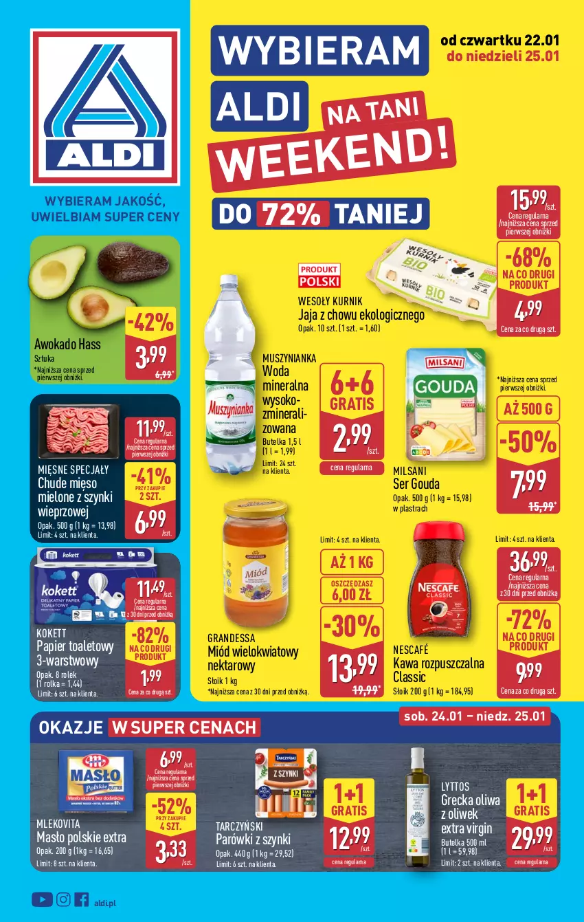 Gazetka promocyjna Aldi - Oferta weekendowa - ważna 22.01 do 25.01.2026 - strona 1 - produkty: Gin, Gouda, Gra, Jaja, Kawa, Kawa rozpuszczalna, Masło, Mięsne specjały, Mięso, Mięso mielone, Mięso mielone z szynki, Miód, Mleko, Mlekovita, Mus, Muszynianka, Nektar, Nescafé, Papier, Papier toaletowy, Parówki, Parówki z szynki, Ser, Sok, Tarczyński, Woda, Woda mineralna