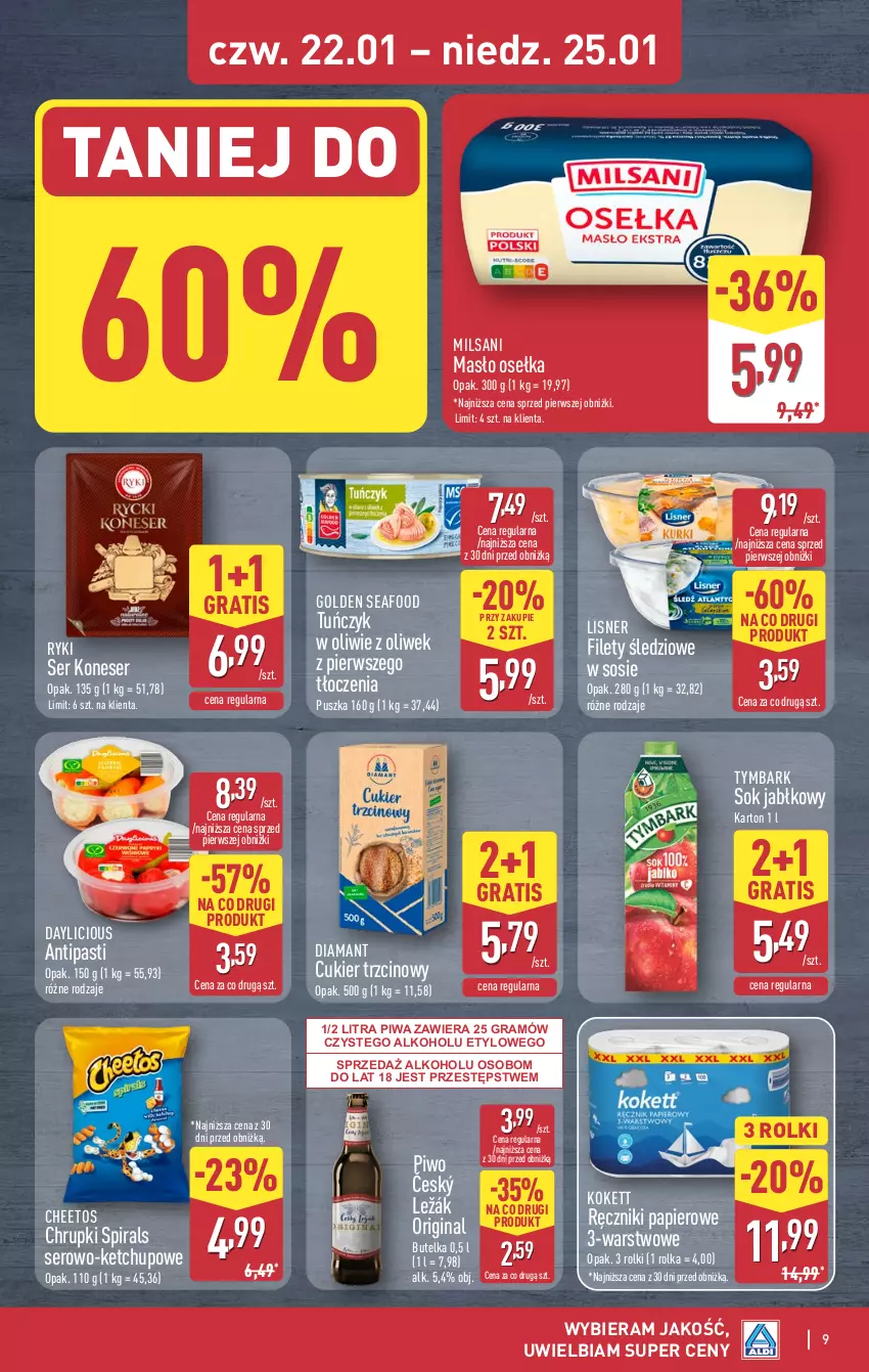 Gazetka promocyjna Aldi - Oferta weekendowa - ważna 22.01 do 25.01.2026 - strona 9 - produkty: Cheetos, Chrupki, Cukier, Cukier trzcinowy, Diamant, Gin, Golden Seafood, Gra, Ketchup, Lisner, Masło, Papier, Piwa, Piwo, Ręcznik, Ręczniki papierowe, Rolki, Ser, Sok, Sok jabłkowy, Sos, Tuńczyk, Tymbark