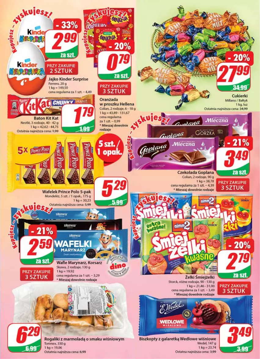 Gazetka promocyjna Dino - Gazetka 20 - ważna 17.05 do 23.05.2023 - strona 3 - produkty: Baton, Biszkopty, Cukier, Cukierki, Czekolada, Ferrero, Gala, Goplana, Hellena, Kawa, Kinder, Kinder Surprise, Kit Kat, LANA, Mola, Oranżada, Prince Polo, Rogal, Wafelek, Wafle