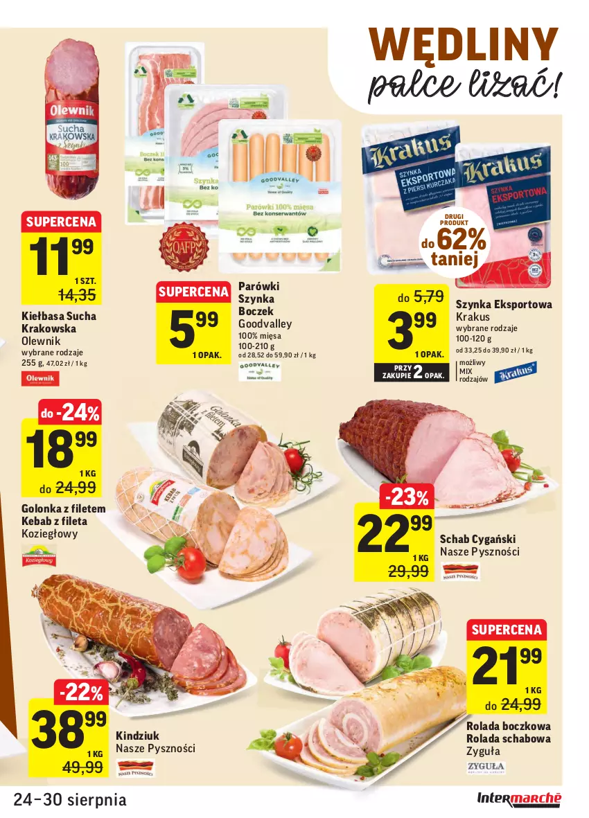 Gazetka promocyjna Intermarche - Gazetka promocyjna - ważna 24.08 do 30.08.2021 - strona 15 - produkty: Boczek, Kebab, Kiełbasa, Kindziuk, Krakus, Olewnik, Parówki, Por, Rolada, Sport, Szynka