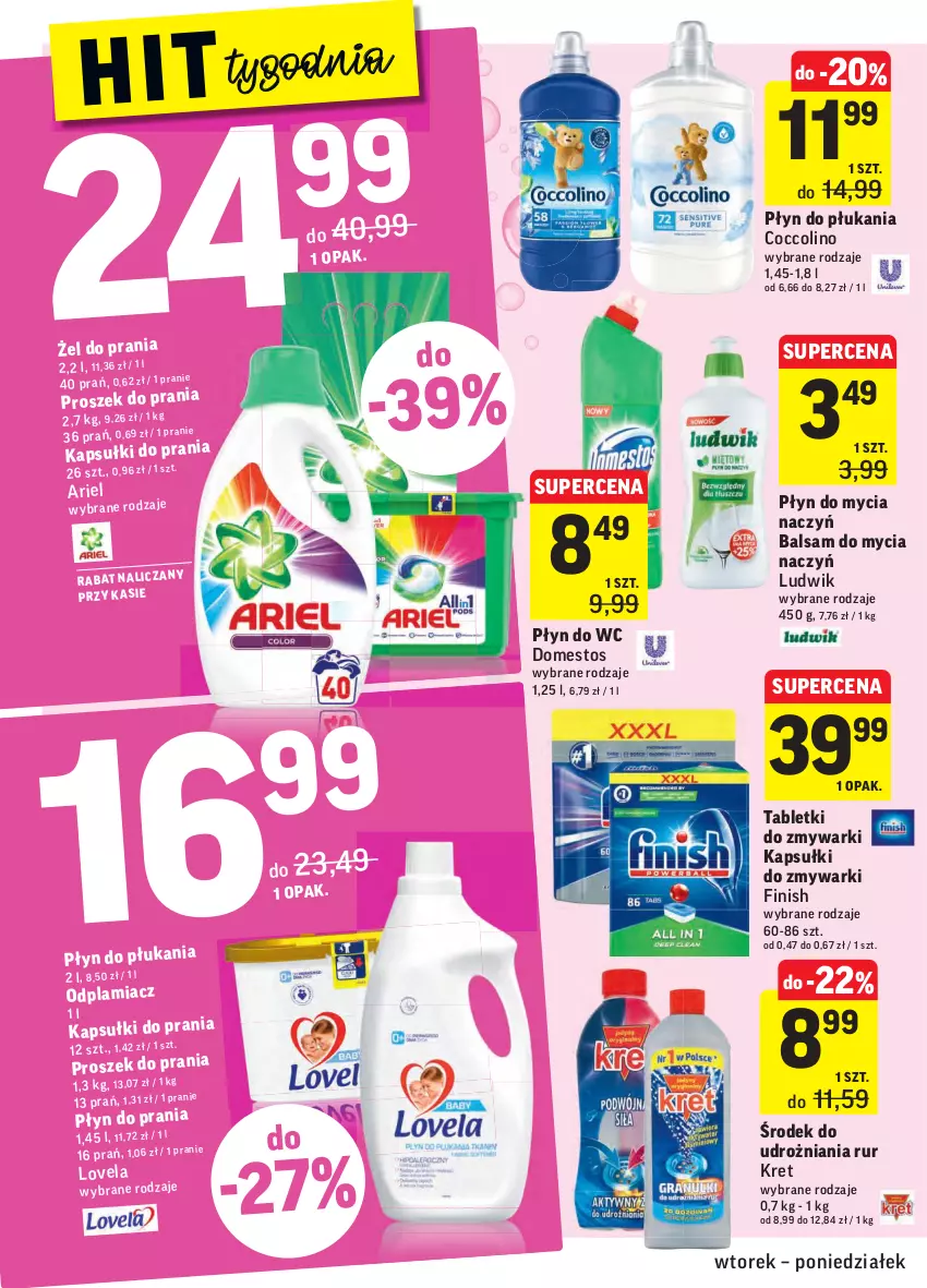 Gazetka promocyjna Intermarche - Gazetka promocyjna - ważna 24.08 do 30.08.2021 - strona 30 - produkty: Balsam do mycia naczyń, Coccolino, Do mycia naczyń, Domestos, Finish, Kret, Lovela, Ludwik, Odplamiacz, Płyn do mycia, Płyn do mycia naczyń, Płyn do płukania, Płyn do wc, Proszek do prania, Tablet, Tabletki do zmywarki, Zmywarki