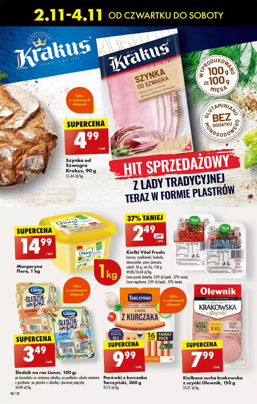 Gazetka promocyjna Biedronka - Od czwartku - ważna 02.11 do 08.11.2023 - strona 32 - produkty: Cebula, Cebula smażona, Fa, Flora, Gra, Jarmuż, Kiełbasa, Kiełki, Krakus, Kurczak, Lisner, Margaryna, Olewnik, Parówki, Piec, Por, Szynka, Tarczyński