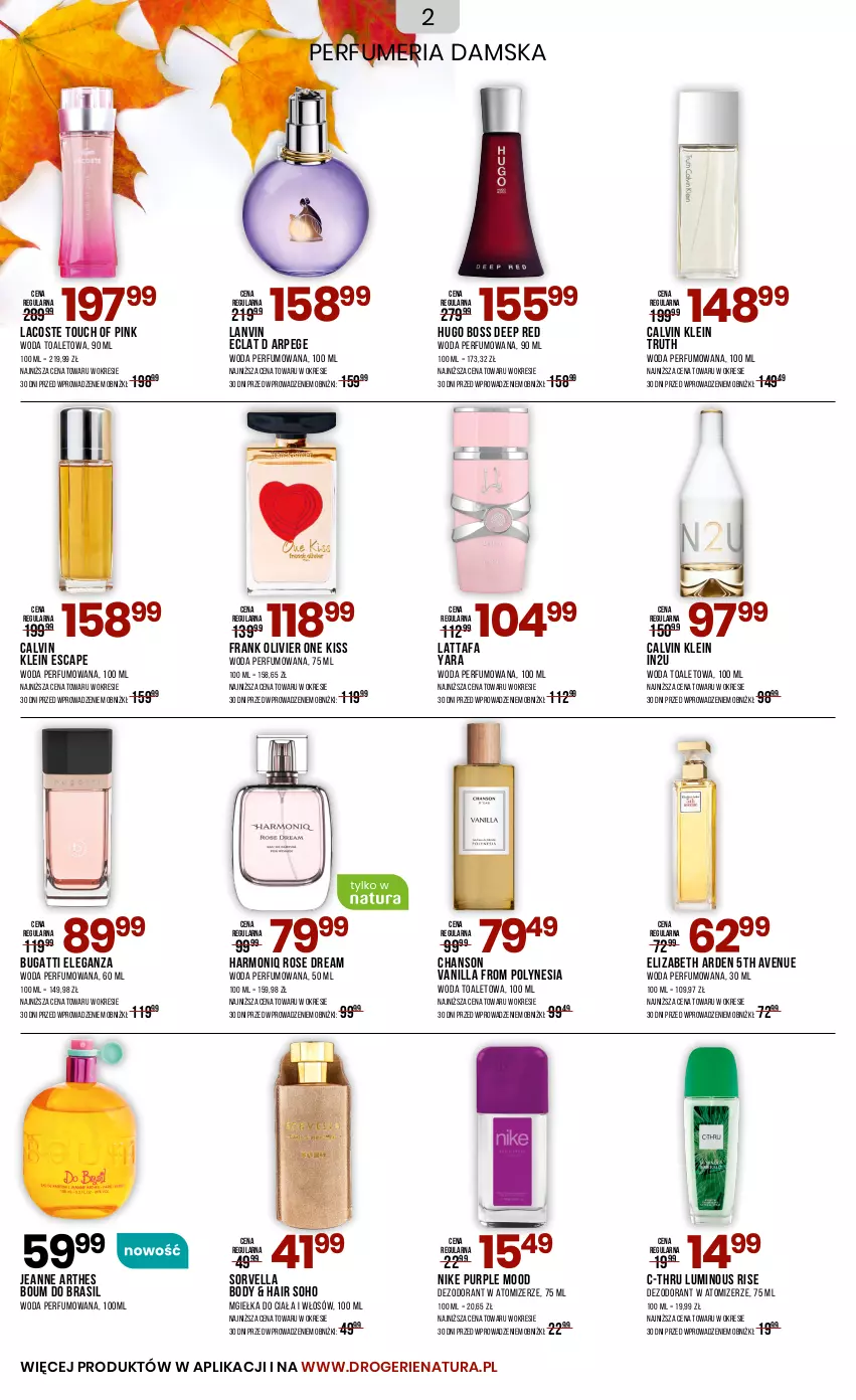 Gazetka promocyjna Drogerie Natura - Gazetka Drogerie Natura - ważna 04.10 do 03.11.2024 - strona 2 - produkty: Body, C-Thru, Calvin Klein, Dezodorant, Eclat, Elizabeth Arden, Fa, Hugo Boss, Lacoste, Lanvin, Nike, Perfum, Pur, Woda, Woda perfumowana, Woda toaletowa