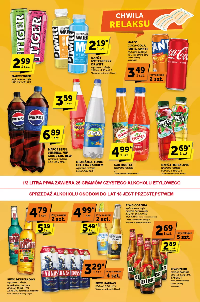 Gazetka promocyjna ABC - ważna 11.07 do 23.07.2024 - strona 7 - produkty: 7up, Coca-Cola, Desperados, Fa, Fanta, Harnaś, Hellena, Hortex, Mirinda, Napój, Pepsi, Piwo, Por, Sok, Sprite, Tiger