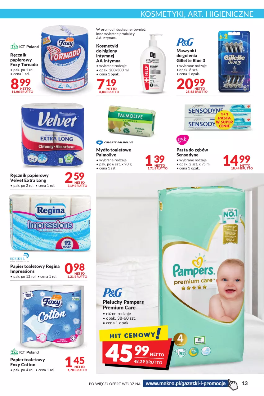 Gazetka promocyjna Makro - [Oferta promocyjna] Artykuły spożywcze i przemysłowe - ważna 25.01 do 07.02.2022 - strona 13 - produkty: Foxy, Gillette, Gin, Mydło, Palmolive, Pampers, Papier, Papier toaletowy, Pasta do zębów, Pieluchy, Ręcznik, Sensodyne, Velvet