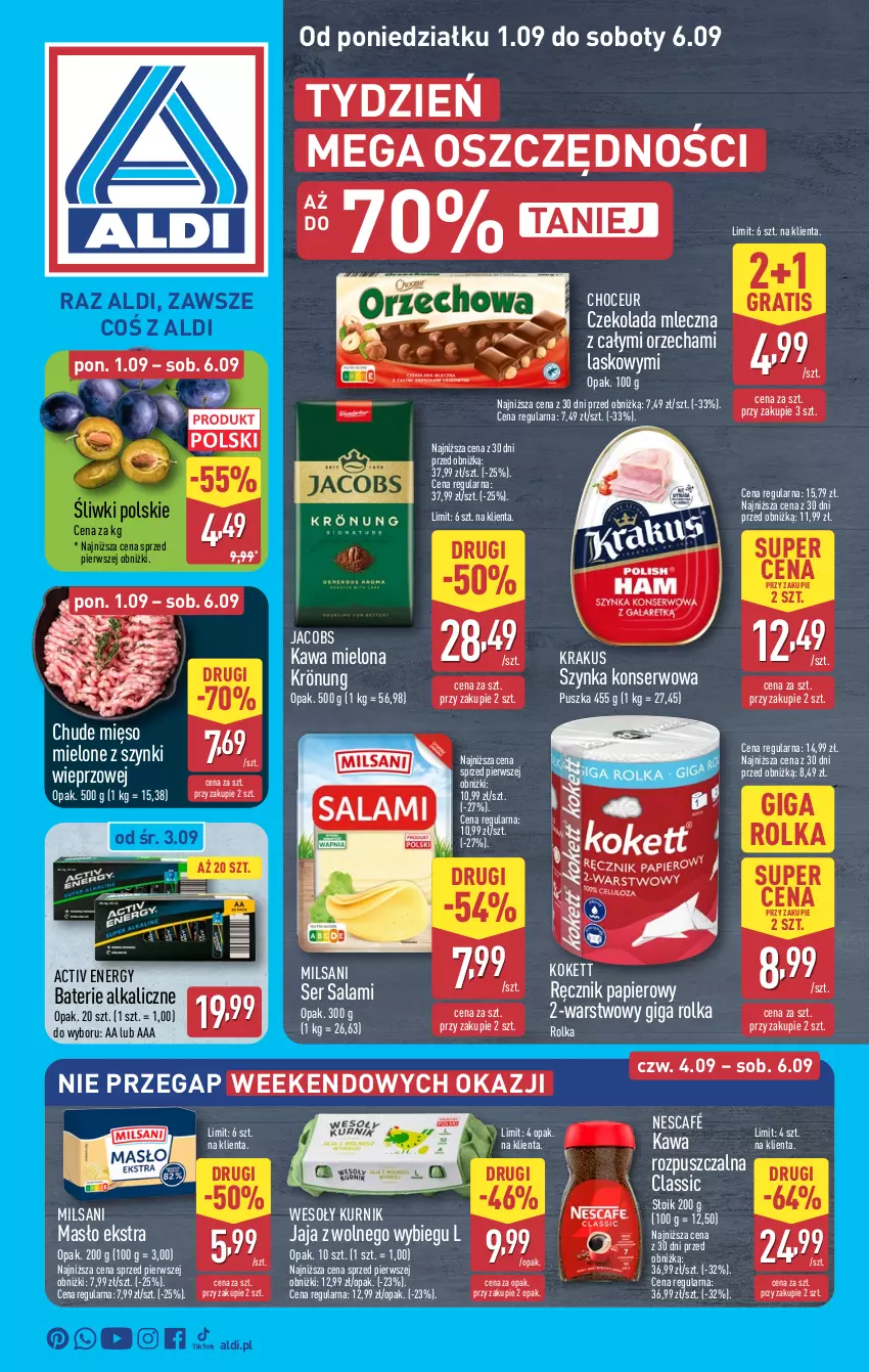 Gazetka promocyjna Aldi - Pełna oferta - ważna 01.09 do 06.09.2025 - strona 1 - produkty: Baterie alkaliczne, Czekolada, Czekolada mleczna, Gra, Jacobs, Jaja, Jaja z wolnego wybiegu, Kawa, Kawa mielona, Kawa rozpuszczalna, Krakus, Masło, Mięso, Mięso mielone, Mięso mielone z szynki, Nescafé, Papier, Ręcznik, Salami, Ser, Ser salami, Szynka, Szynka konserwowa