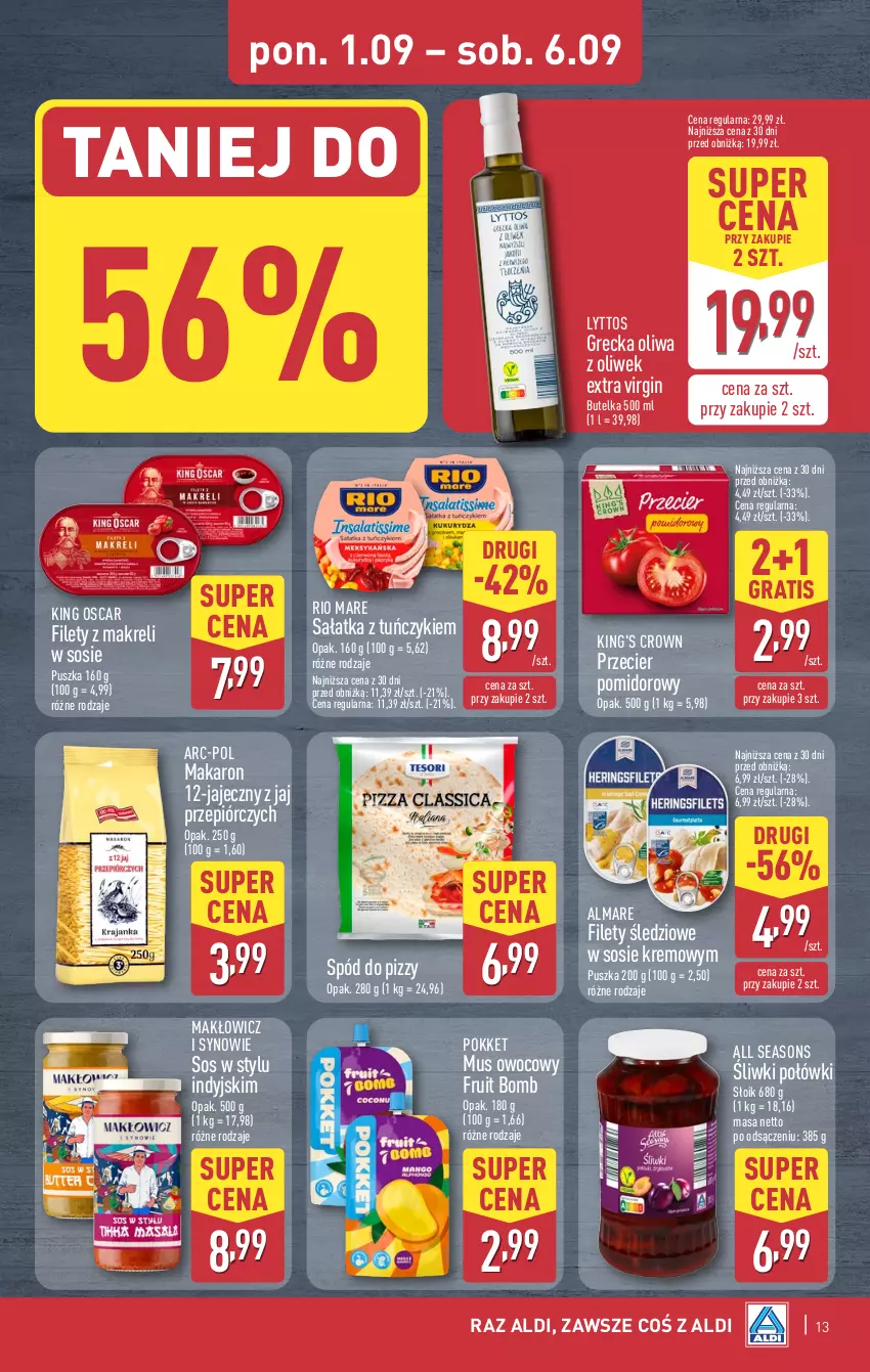 Gazetka promocyjna Aldi - Pełna oferta - ważna 01.09 do 06.09.2025 - strona 13 - produkty: All Seasons, Gin, Gra, Makaron, Mus, Oliwa z oliwek, Rio Mare, Sałat, Sałatka, Sos, Spód do pizzy, Tuńczyk