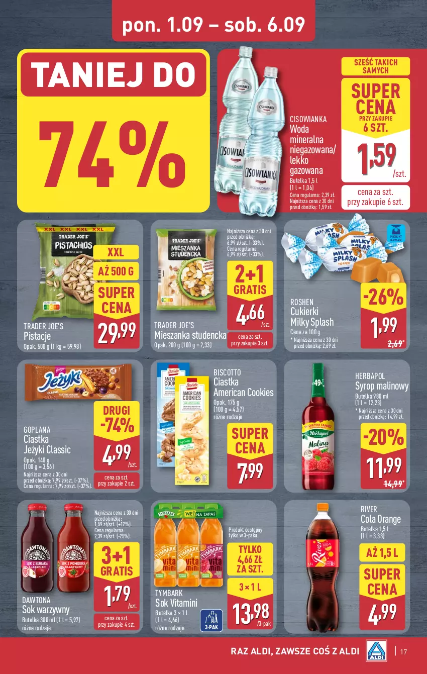 Gazetka promocyjna Aldi - Pełna oferta - ważna 01.09 do 06.09.2025 - strona 17 - produkty: Ciastka, Cisowianka, Cukier, Cukierki, Dawtona, Goplana, Gra, Herbapol, Jeżyki, LANA, Mieszanka studencka, Pistacje, Sok, Syrop, Tymbark, Woda, Woda mineralna