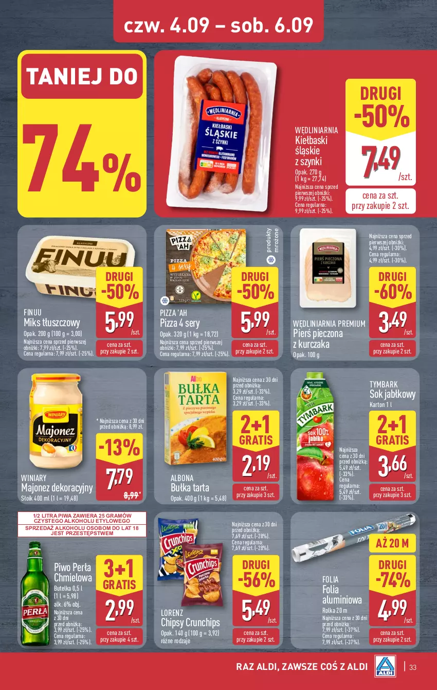 Gazetka promocyjna Aldi - Pełna oferta - ważna 01.09 do 06.09.2025 - strona 33 - produkty: Albona, Bułka, Bułka tarta, Chipsy, Crunchips, Finuu, Folia aluminiowa, Gra, Kiełbaski śląskie, Kurczak, Lorenz, Majonez, Miks tłuszczowy, Perła, Piec, Piwa, Piwo, Pizza, Produkty mrożone, Ser, Sok, Sok jabłkowy, Tarta, Tymbark, Winiary