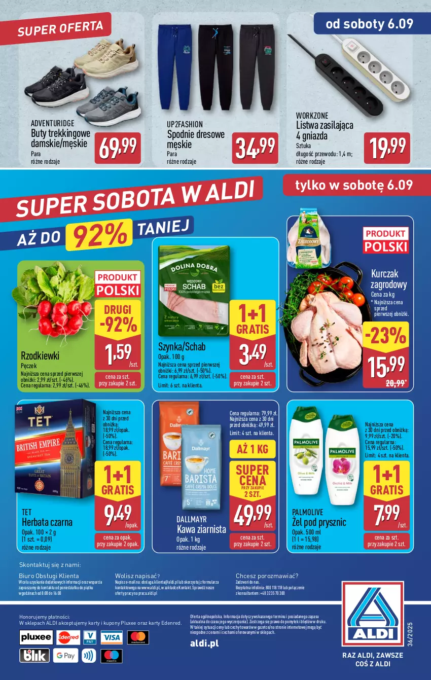 Gazetka promocyjna Aldi - Pełna oferta - ważna 01.09 do 06.09.2025 - strona 40 - produkty: Biuro, Buty, Dallmayr, Dres, Fa, Gra, Herbata, Herbata czarna, Kawa, Kawa ziarnista, Kurczak, Listwa, O nas, Palmolive, Por, Spodnie, Spodnie dresowe, Szynka