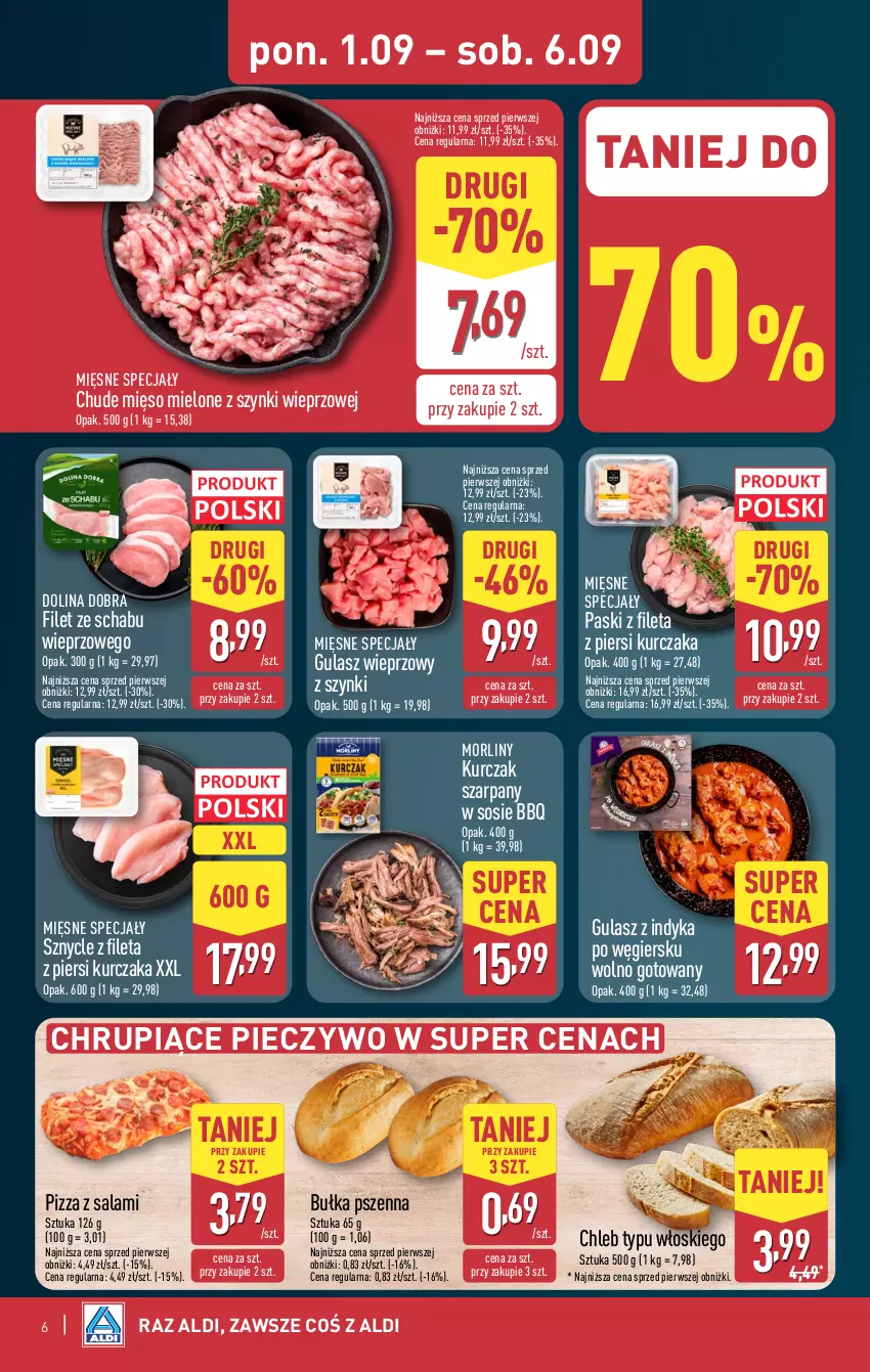 Gazetka promocyjna Aldi - Pełna oferta - ważna 01.09 do 06.09.2025 - strona 6 - produkty: Bułka, Chleb, Chleb typu włoskiego, Kurczak, Mięsne specjały, Mięso, Mięso mielone, Mięso mielone z szynki, Morliny, Piec, Pieczywo, Pizza, Salami, Sos